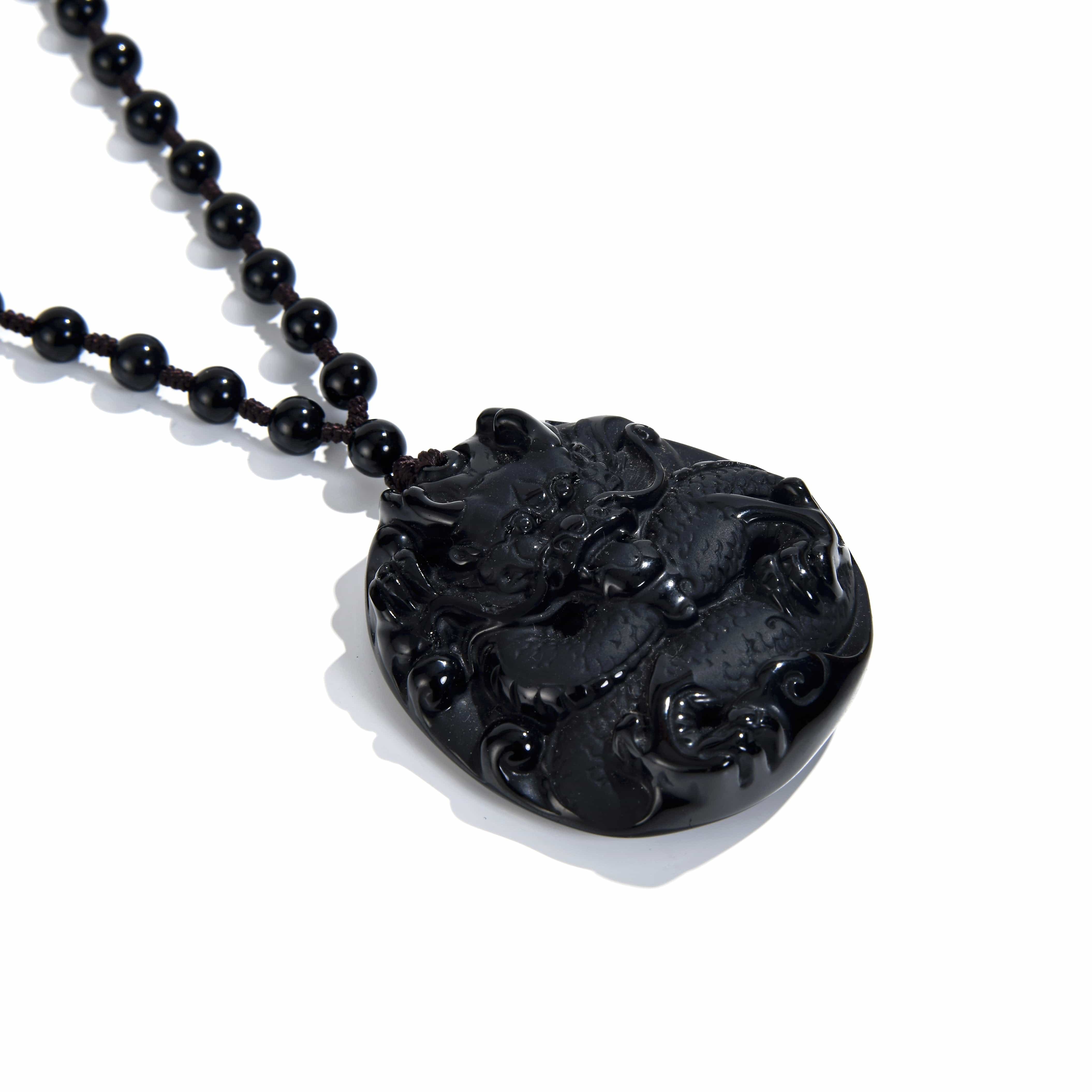 KALIFANO Gemstone Necklaces Obsidian Dragon Amulet Gemstone Necklace - 24" WHITE-DRAG-OB
