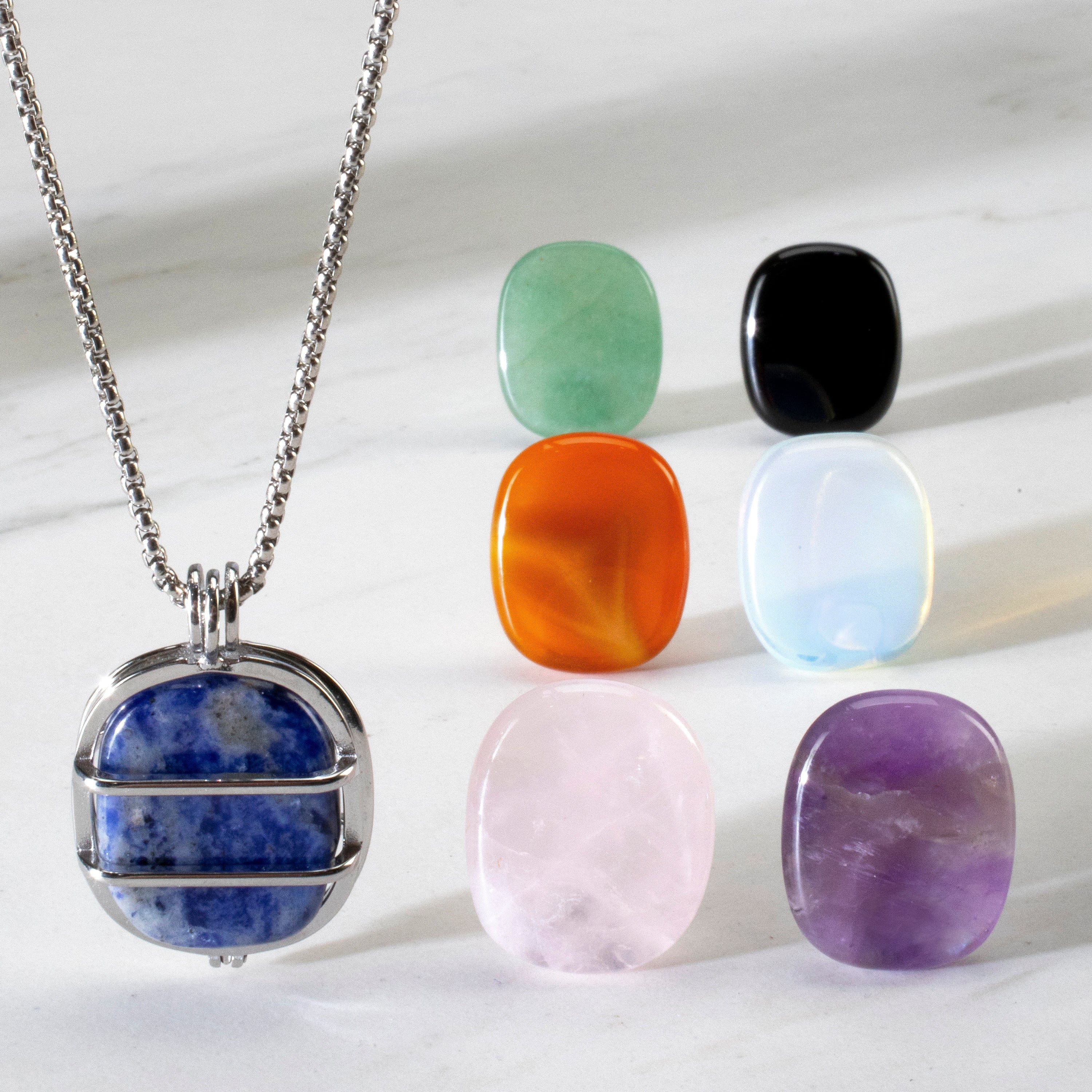 KALIFANO Gemstone Necklaces Silver tone Stainless Steel Interchangeable Rectangle Locket with Chakra Gemstones | Adjustable Bolo Chain | 30" SHN200S-R