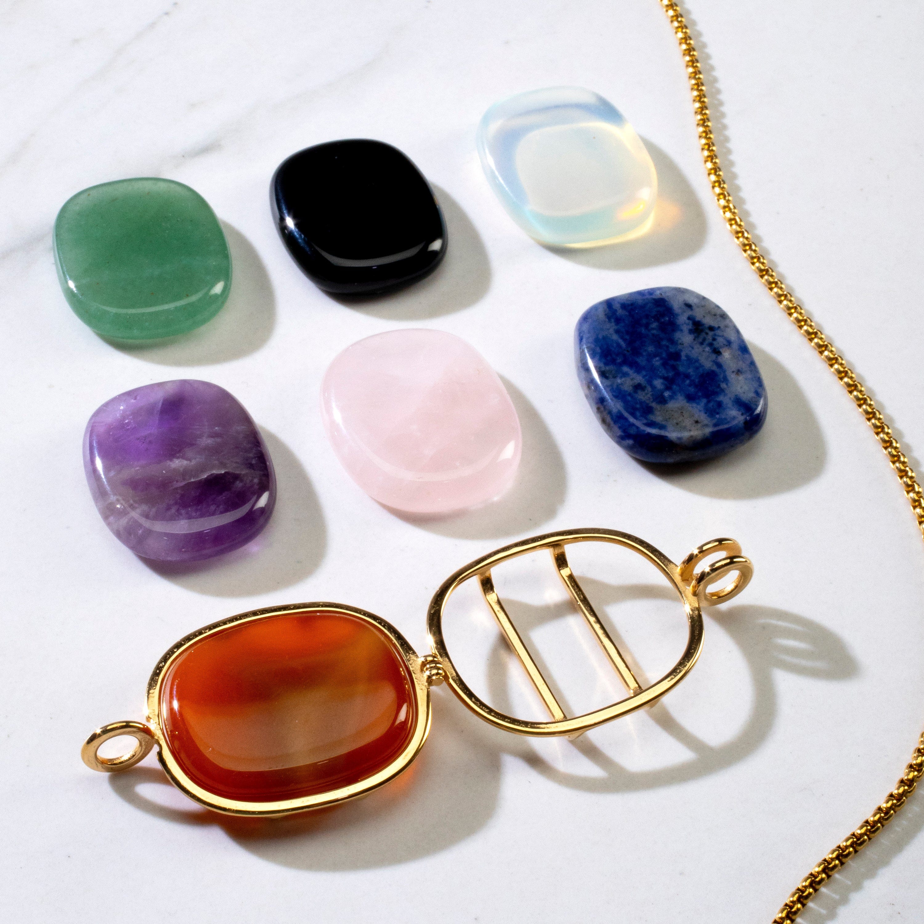 KALIFANO Gemstone Necklaces Stainless Steel Interchangeable Rectangle Locket with Chakra Gemstones | Adjustable Bolo Chain | 30"
