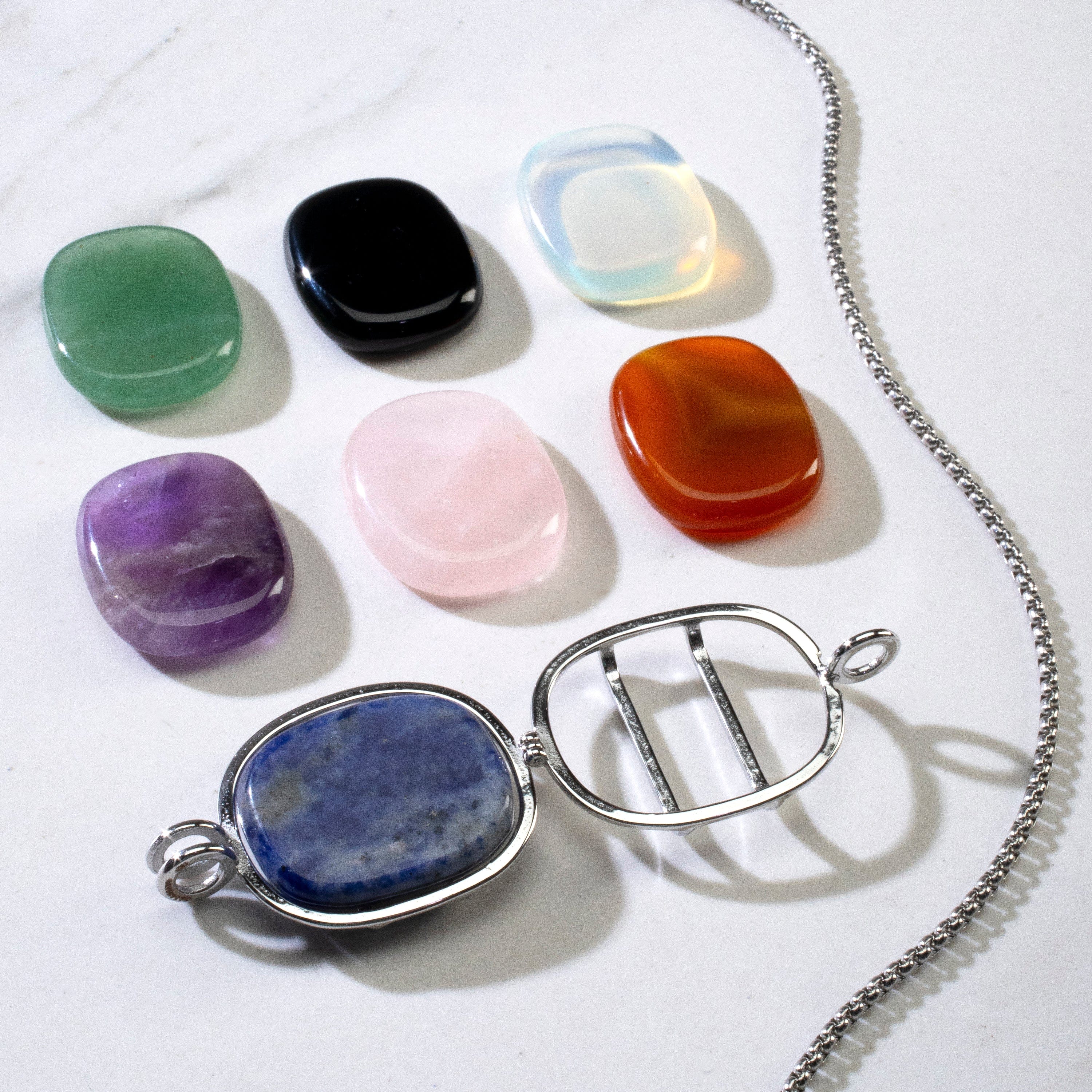 KALIFANO Gemstone Necklaces Stainless Steel Interchangeable Rectangle Locket with Chakra Gemstones | Adjustable Bolo Chain | 30"