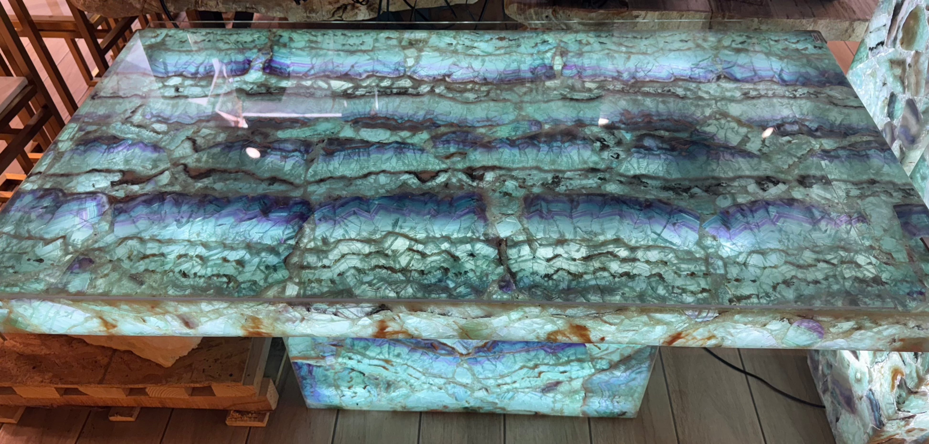 KALIFANO Light Towers Natural Fluorite Table - 5 ft x 2.5 ft | Hand-Crafted with LED Lighting LT150000.001