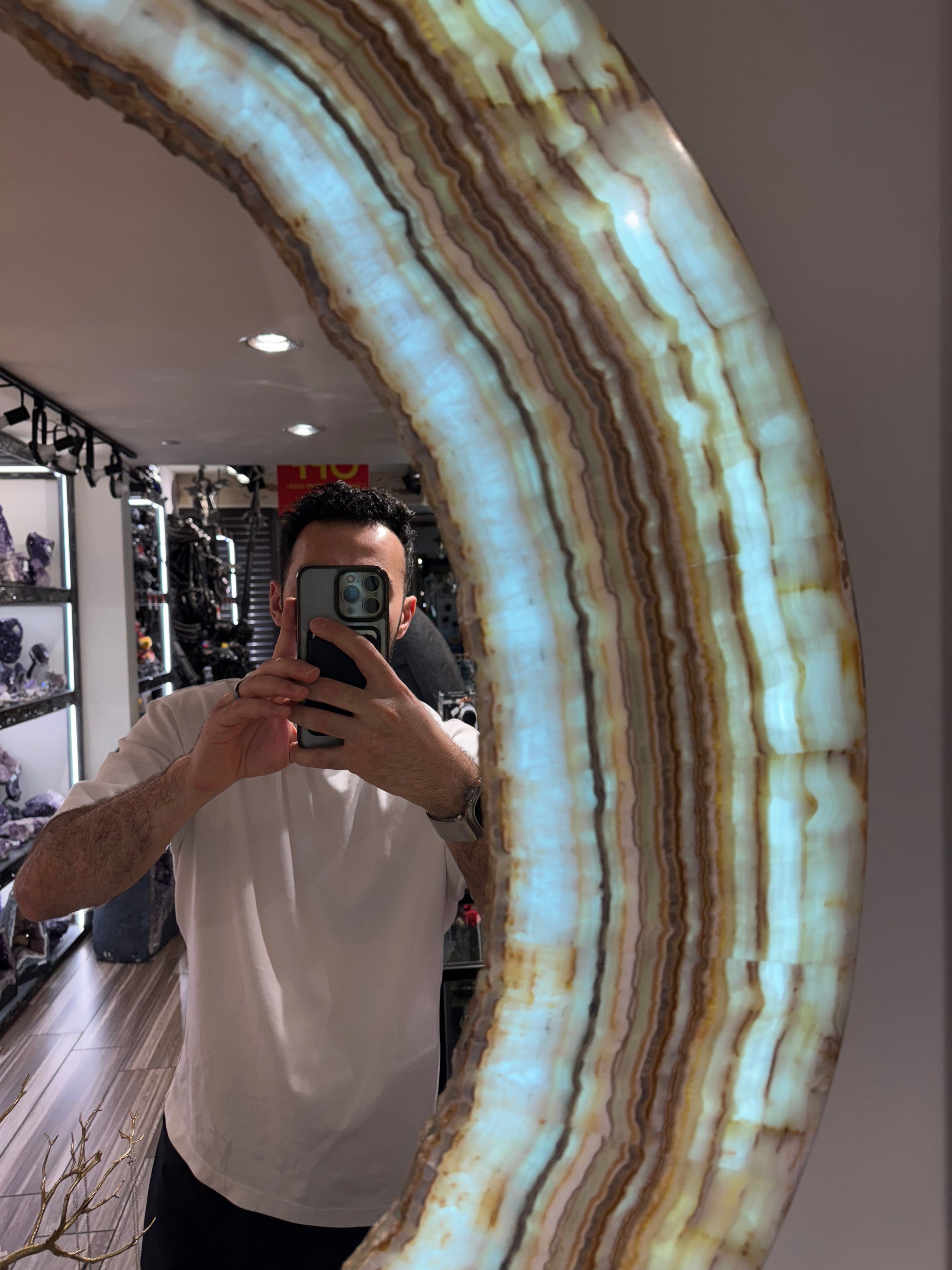 Kalifano Light Towers Natural Striped Rainbow Onyx Round Mirror from Mexico - 40" Diameter LTM40x4.001