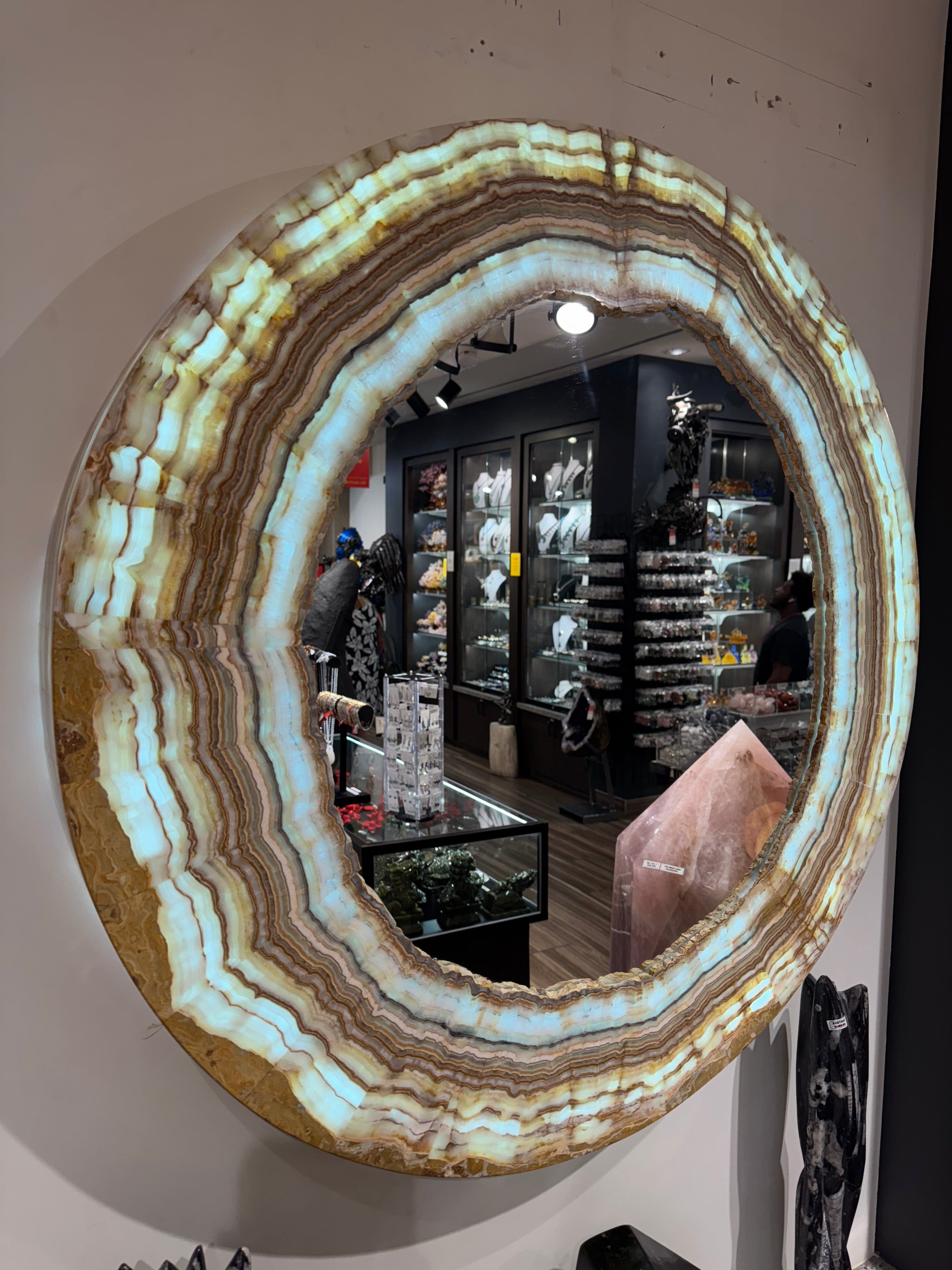 Kalifano Light Towers Natural Striped Rainbow Onyx Round Mirror from Mexico - 40" Diameter LTM40x4.001