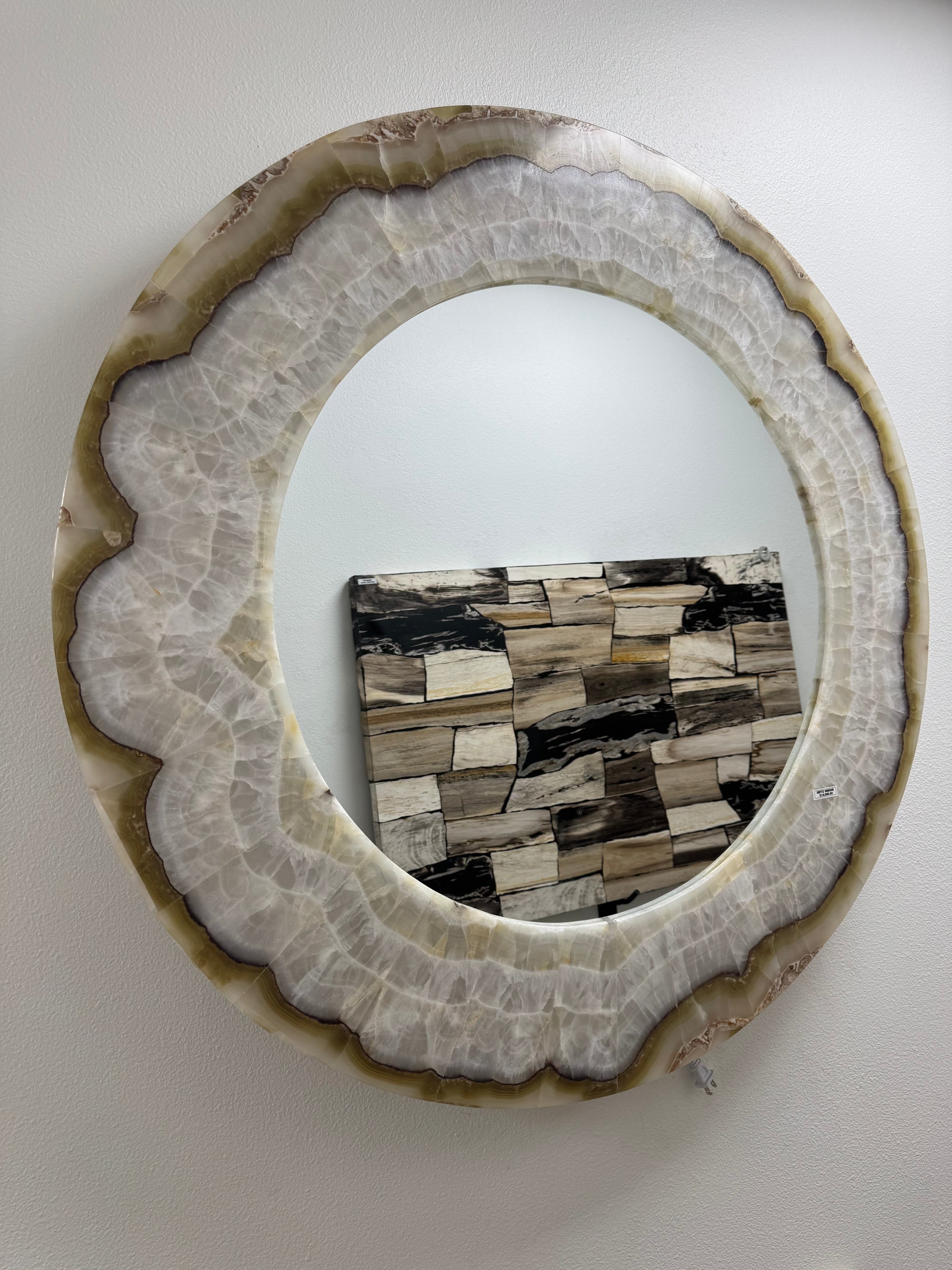Kalifano Light Towers Natural White and Green Onyx Lamp Mirror 40” LTMIRROR100.001