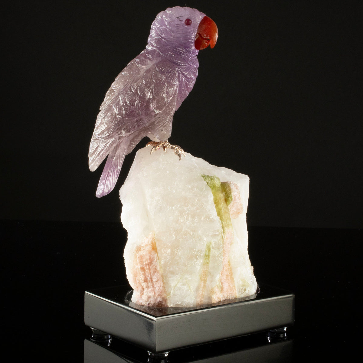 Kalifano Love Birds Carvings Amethyst Parrot Love Bird Carving on Watermelon Tourmaline Base LB.B128.003