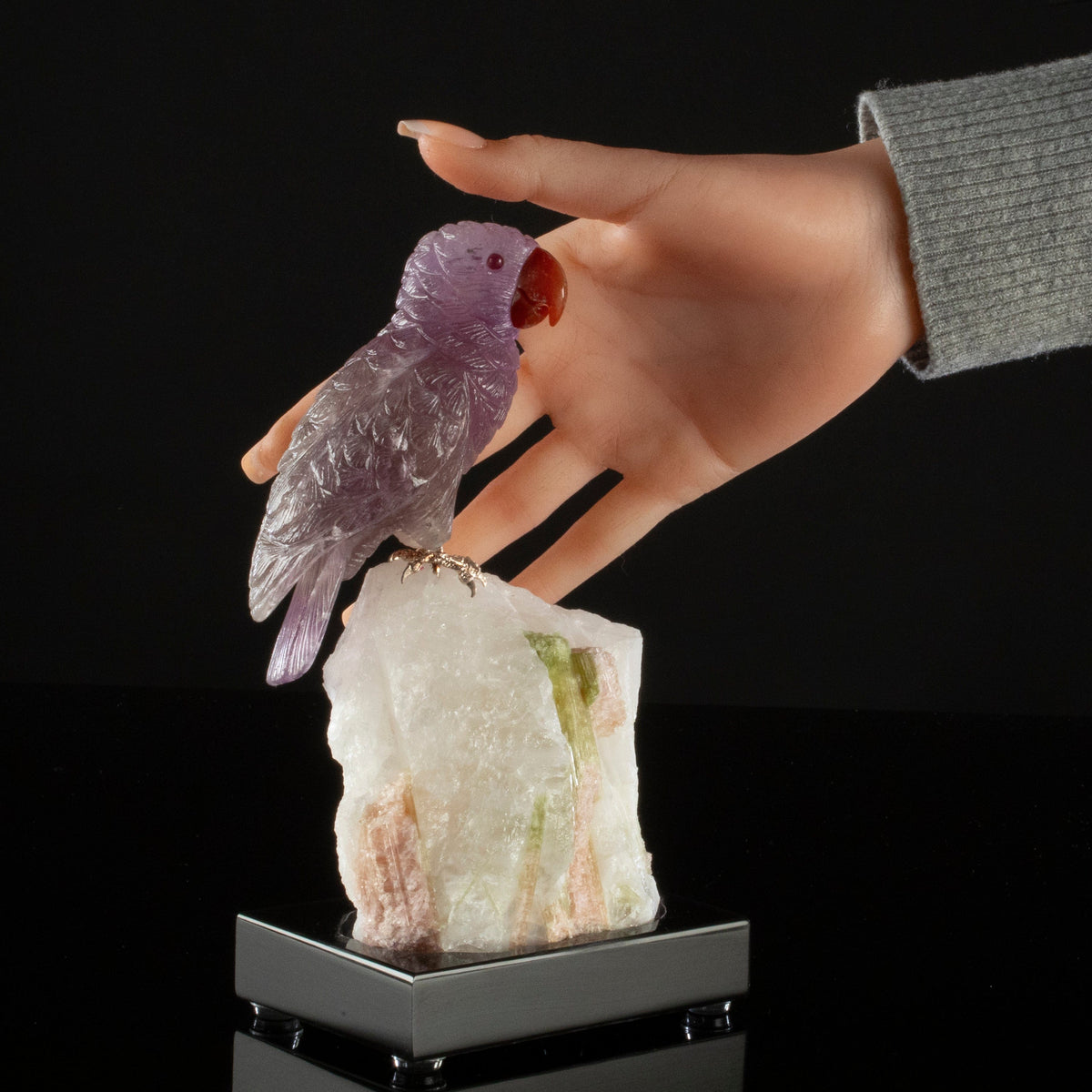 Kalifano Love Birds Carvings Amethyst Parrot Love Bird Carving on Watermelon Tourmaline Base LB.B128.003