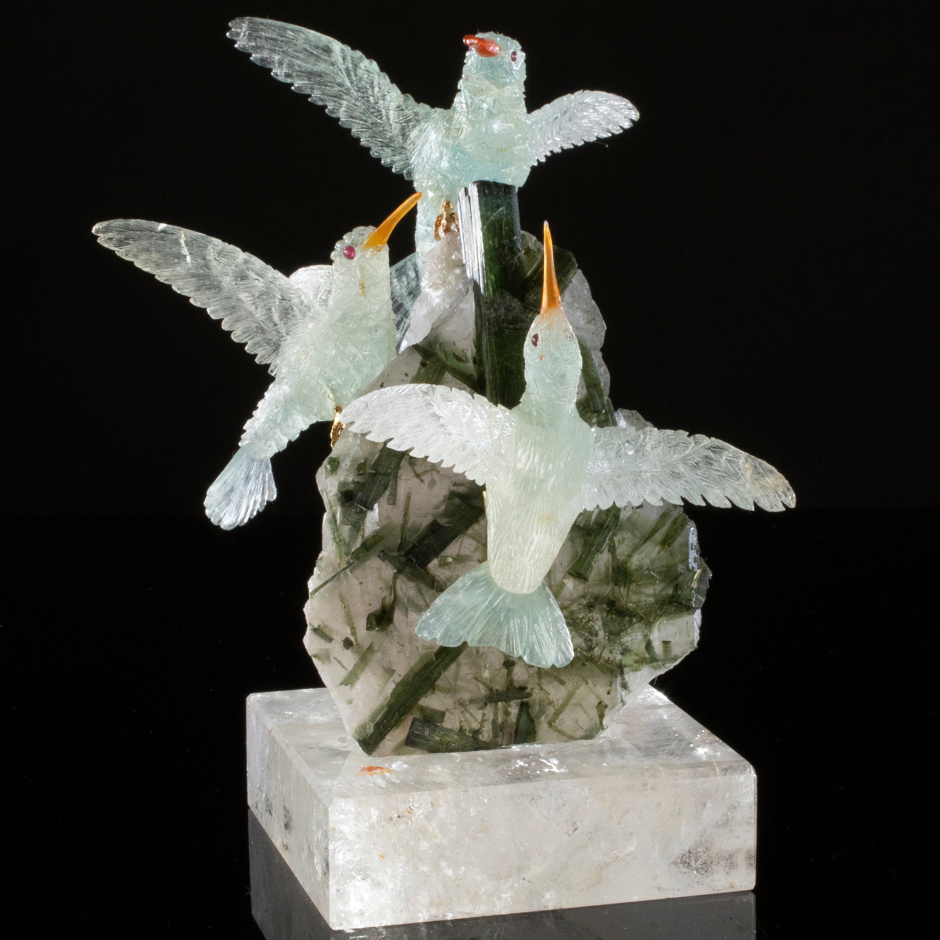 Kalifano Love Birds Carvings Morganite Hummingbird Trio Love Birds Carvings on Quartz and Tourmaline Base LB.11289.001