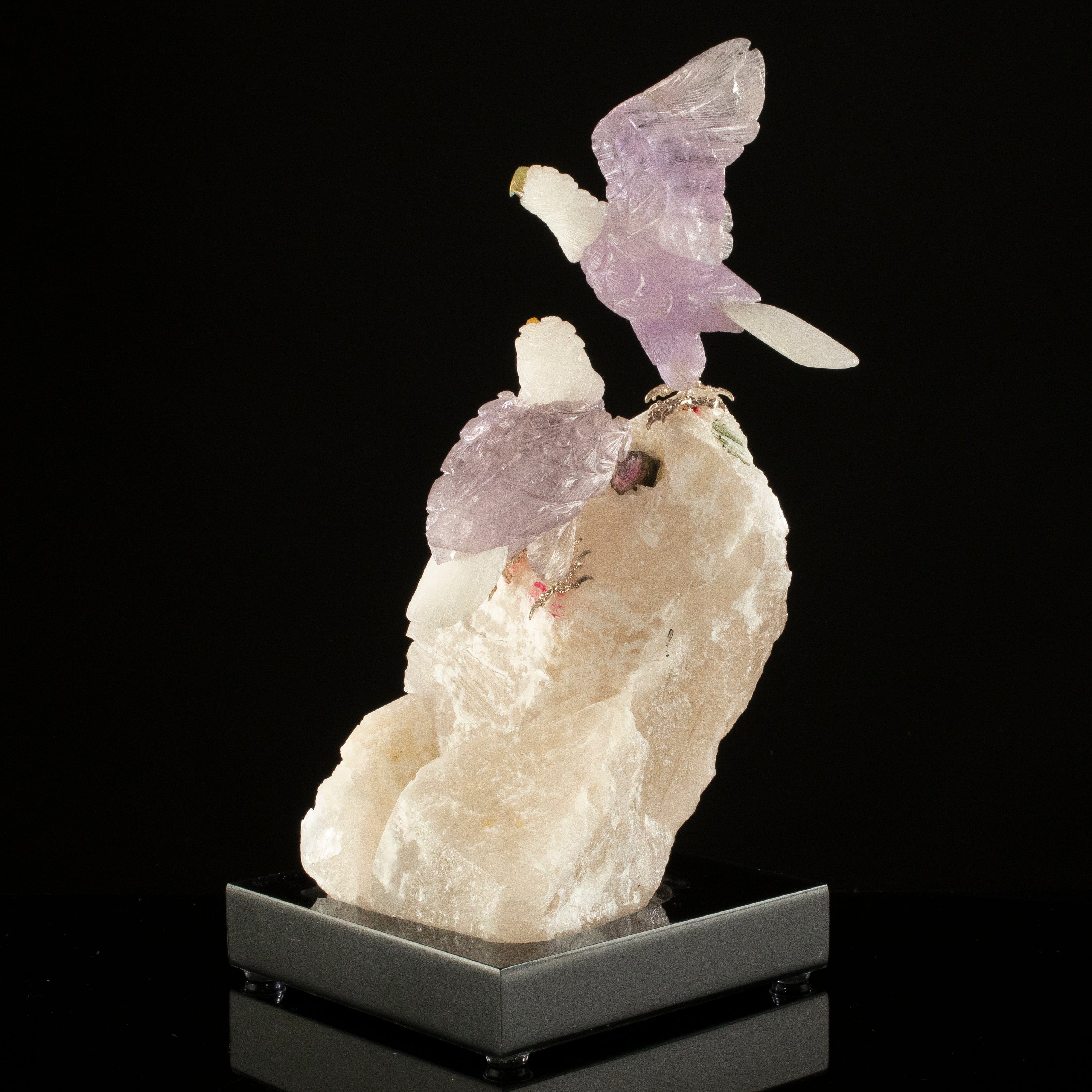 KALIFANO Love Birds Carvings Peter Muller Amethyst & Quartz Eagle Couple Carving on Watermelon Tourmaline Base LB.A235.003