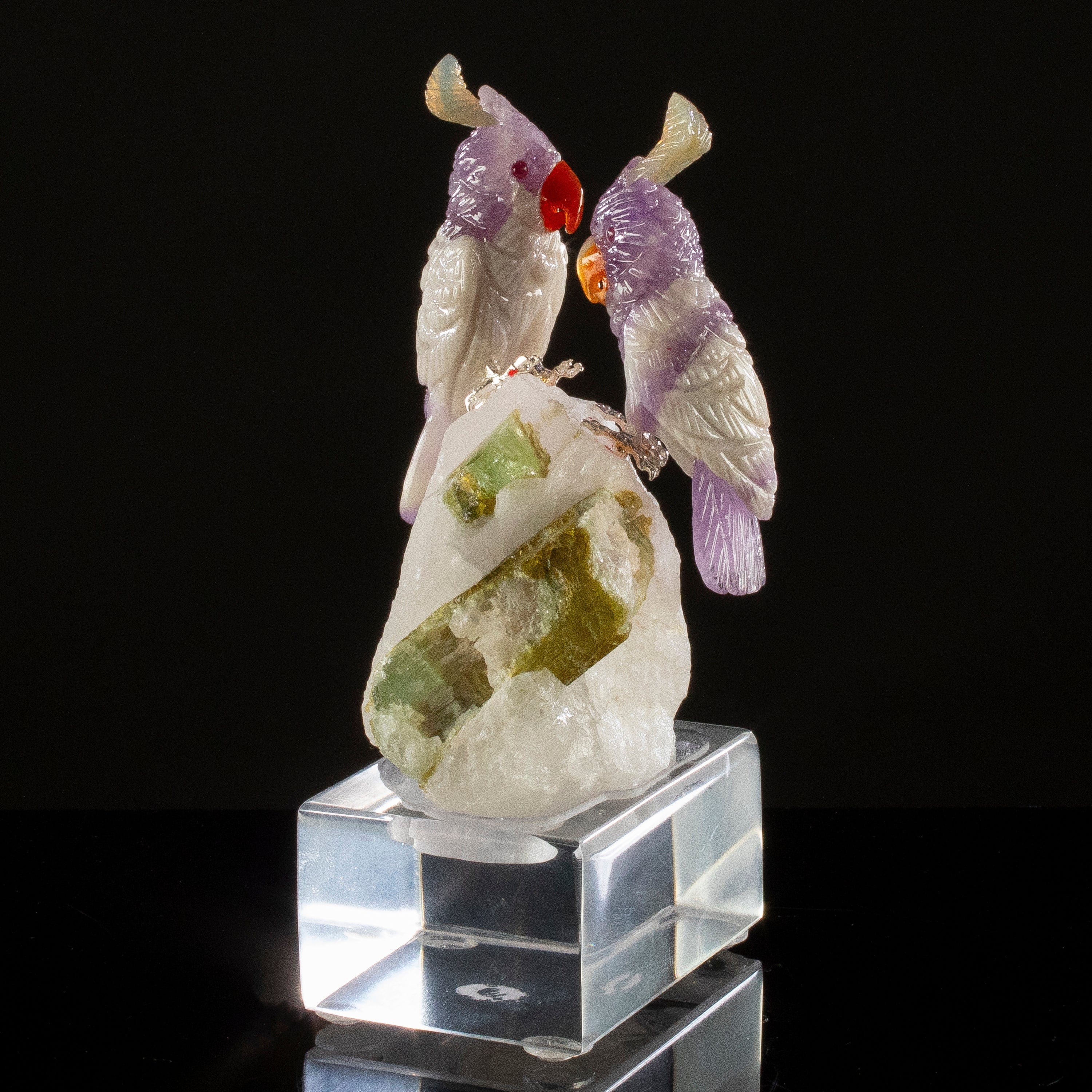 KALIFANO Love Birds Carvings Peter Muller Chevron Amethyst Cockatoo Couple Carving on Tourmaline Base LB.C205.018