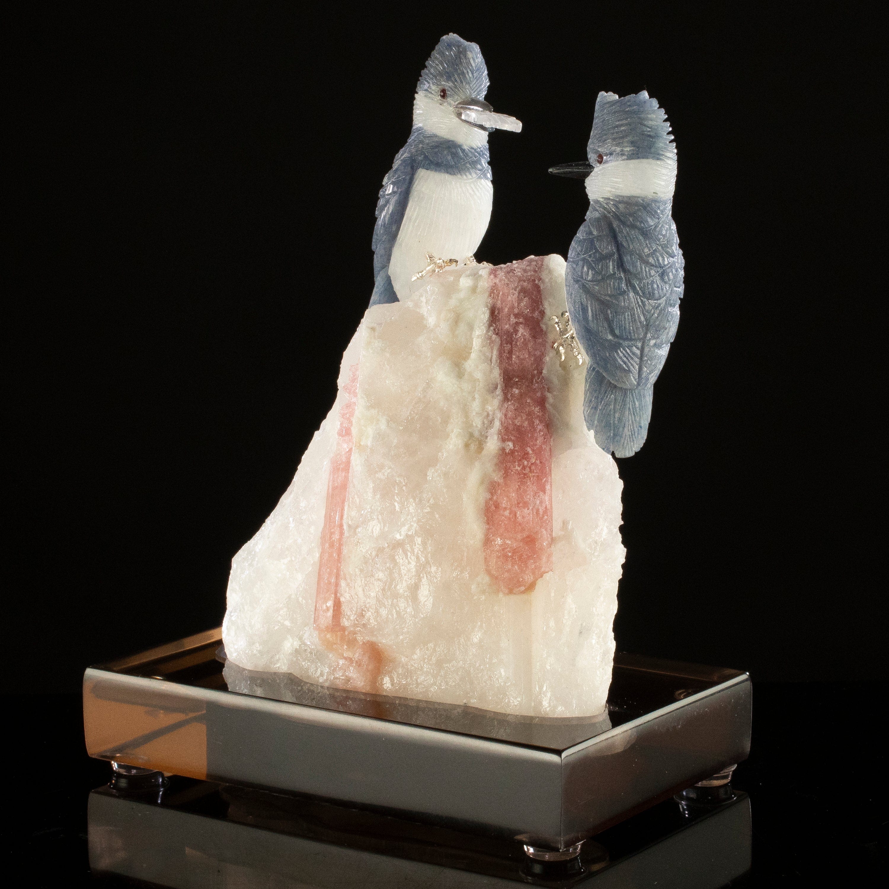 KALIFANO Love Birds Carvings Peter Muller Dumortierite Kingfisher Couple Carving on Watermelon Tourmaline Base LB.C230.002