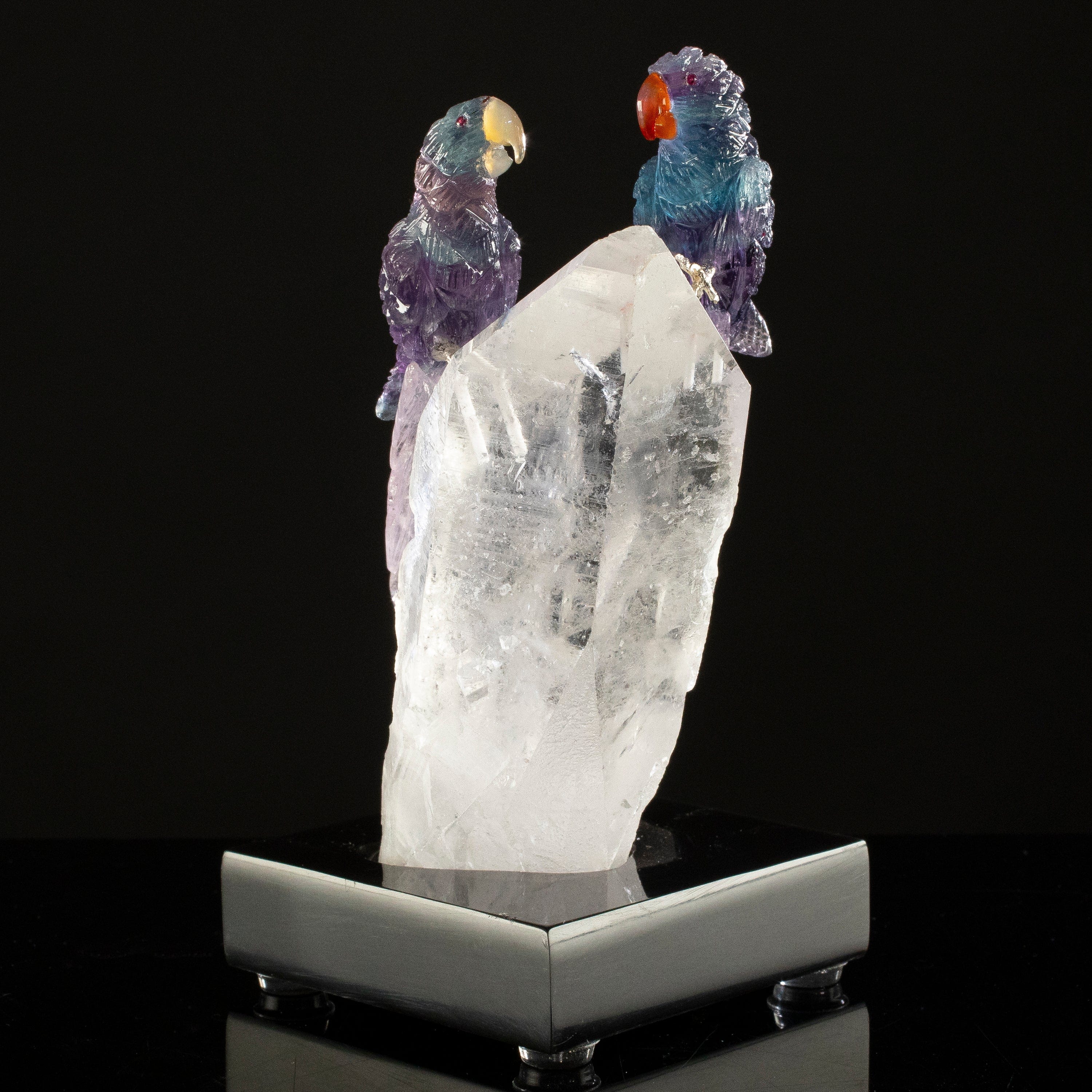KALIFANO Love Birds Carvings Peter Muller Fluorite Macaw Couple Carving on Quartz Point Base LB.C216.006