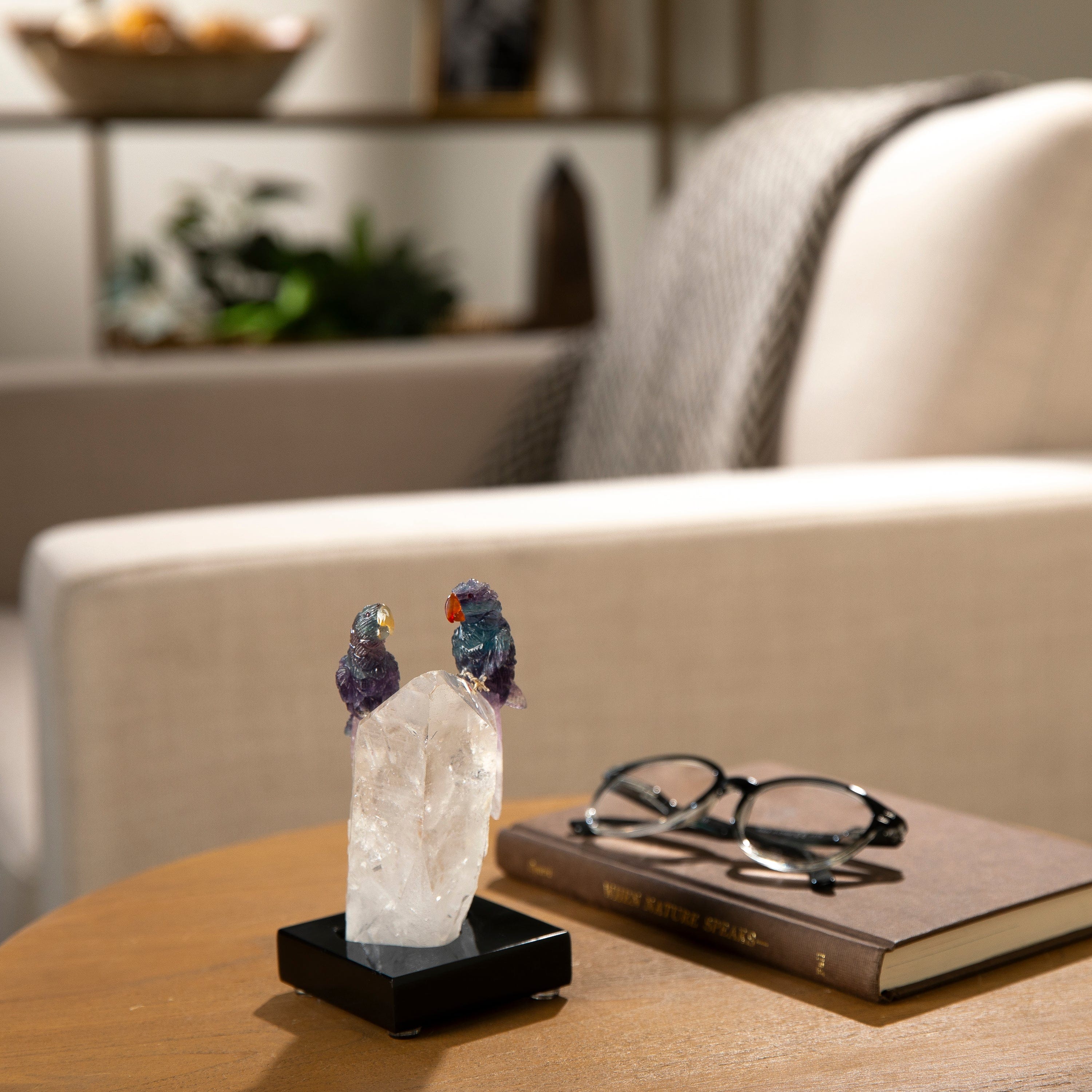 KALIFANO Love Birds Carvings Peter Muller Fluorite Macaw Couple Carving on Quartz Point Base LB.C216.006