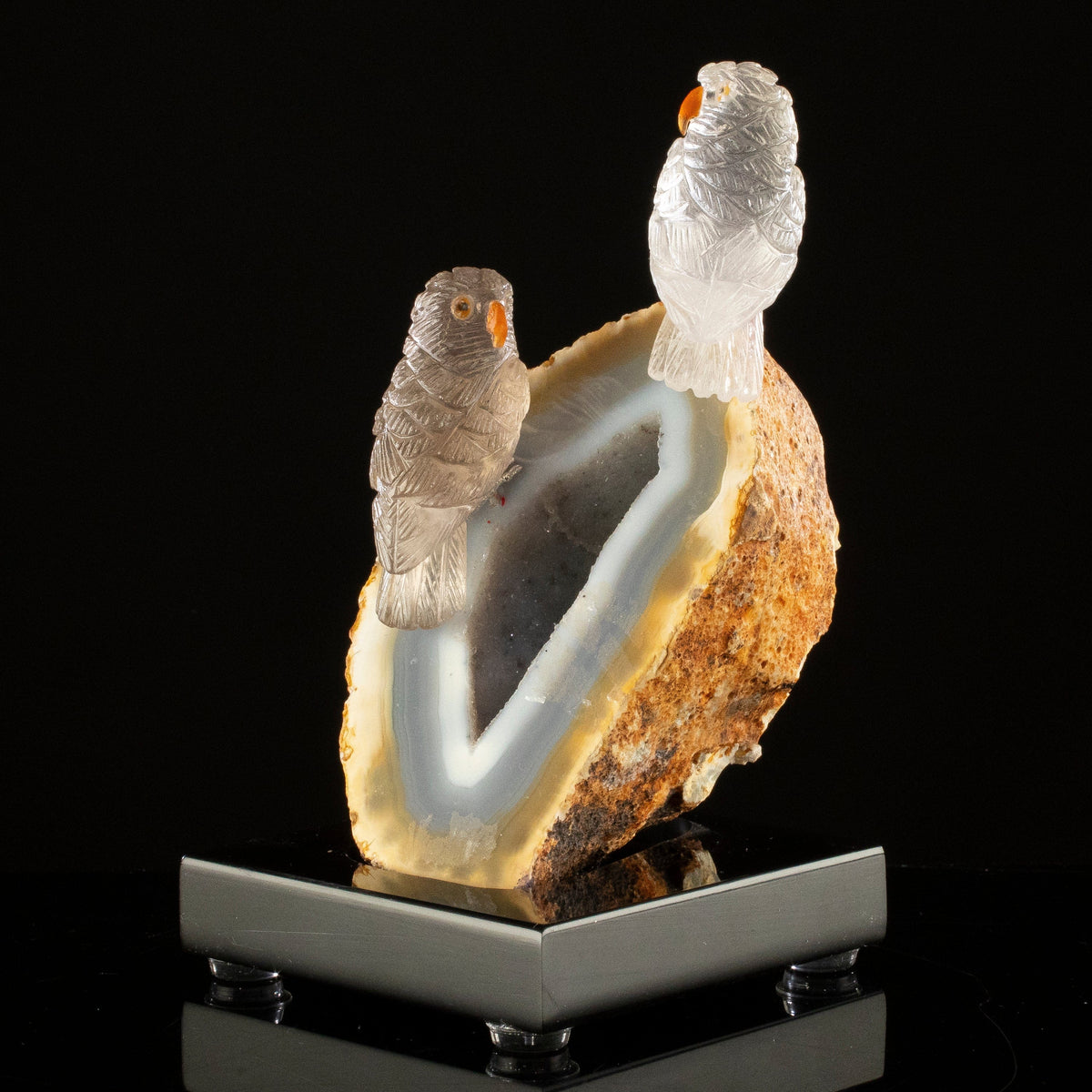 KALIFANO Love Birds Carvings Peter Muller Quartz & Smoky Quartz Owl Couple Carving on Agate Geode Base LB.C202.015