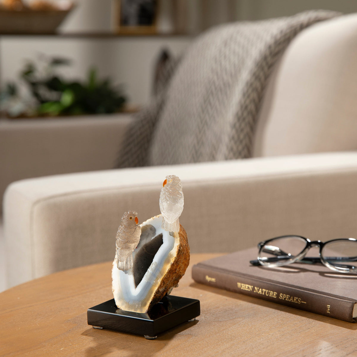 KALIFANO Love Birds Carvings Peter Muller Quartz & Smoky Quartz Owl Couple Carving on Agate Geode Base LB.C202.015