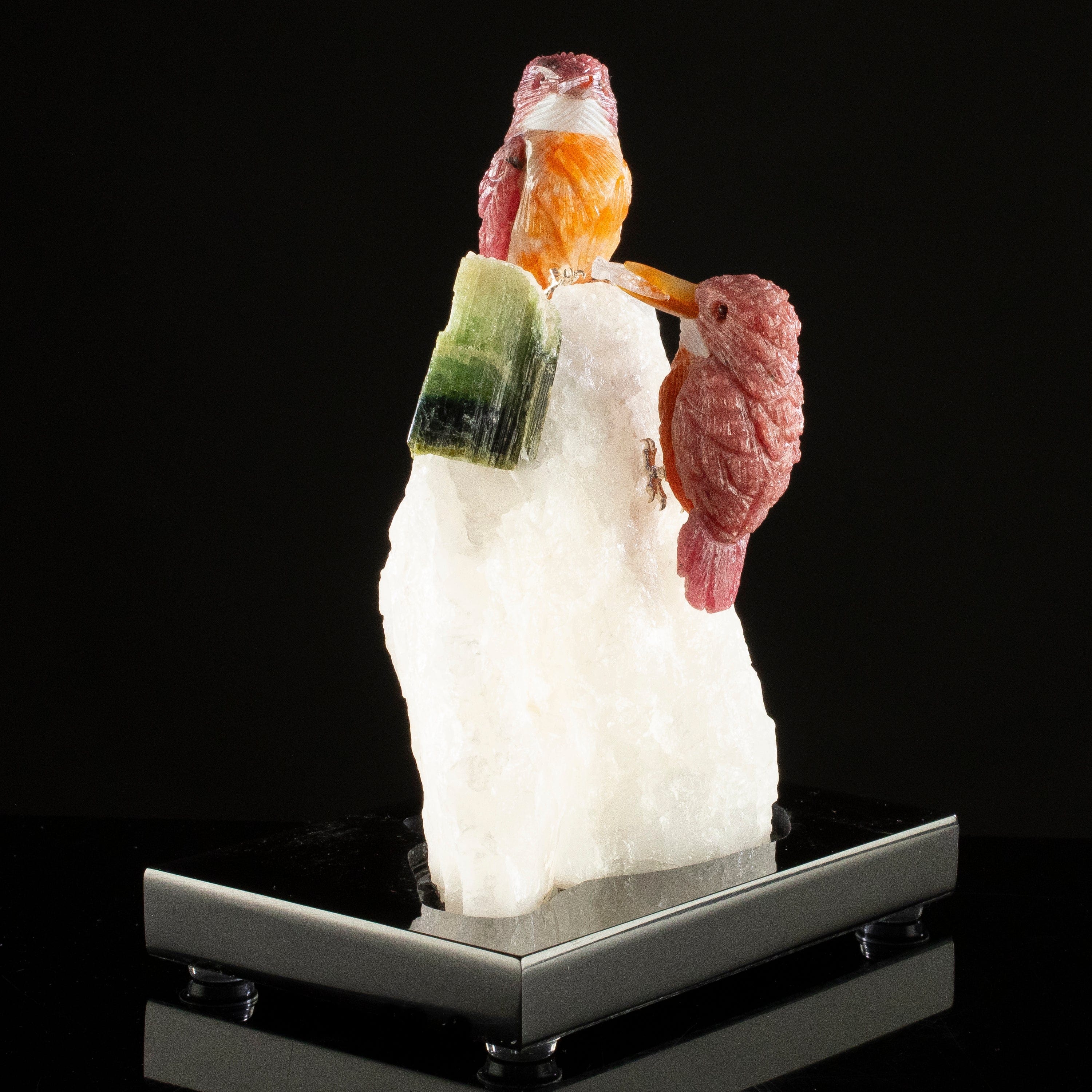 KALIFANO Love Birds Carvings Peter Muller Rhodonite Kingfisher Couple Carving on Tourmaline Base LB.C234.005