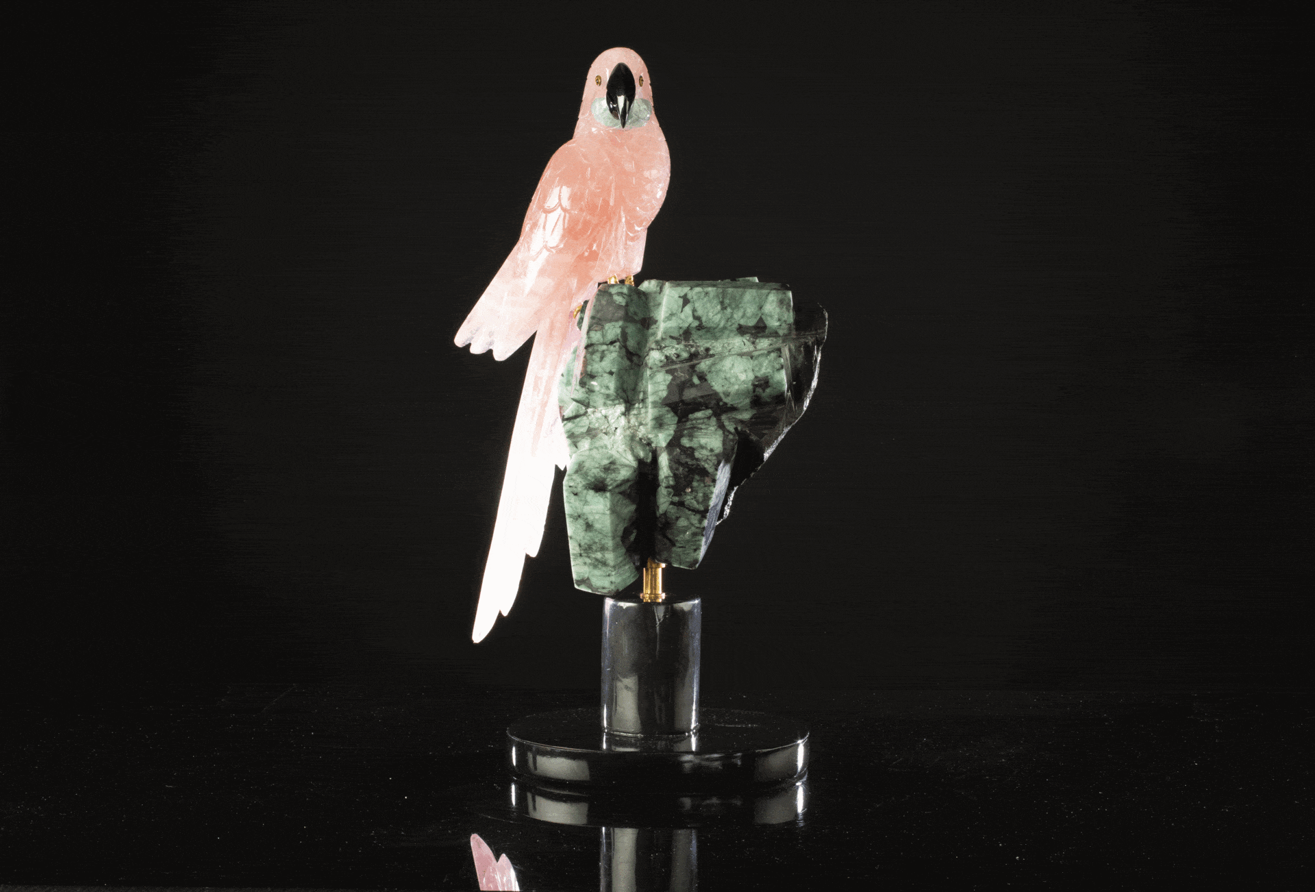 KALIFANO Love Birds Carvings Rose Quartz Parrot on Ruby Base Gemstone Bird Carving - 21" LB50000.001