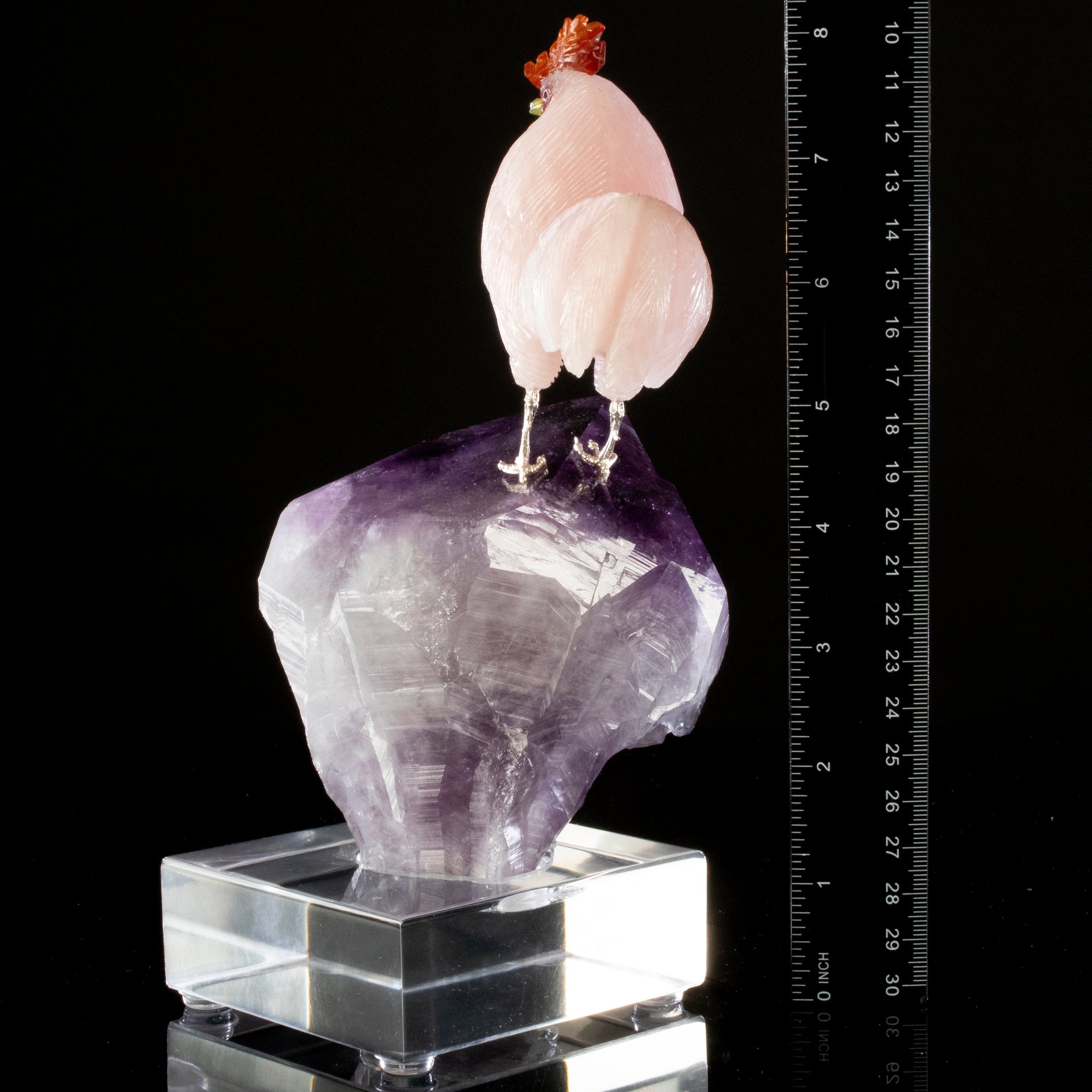 Kalifano Love Birds Carvings Rose Quartz Rooster Love Bird Carving on Amethyst Point Base LB.A127.002