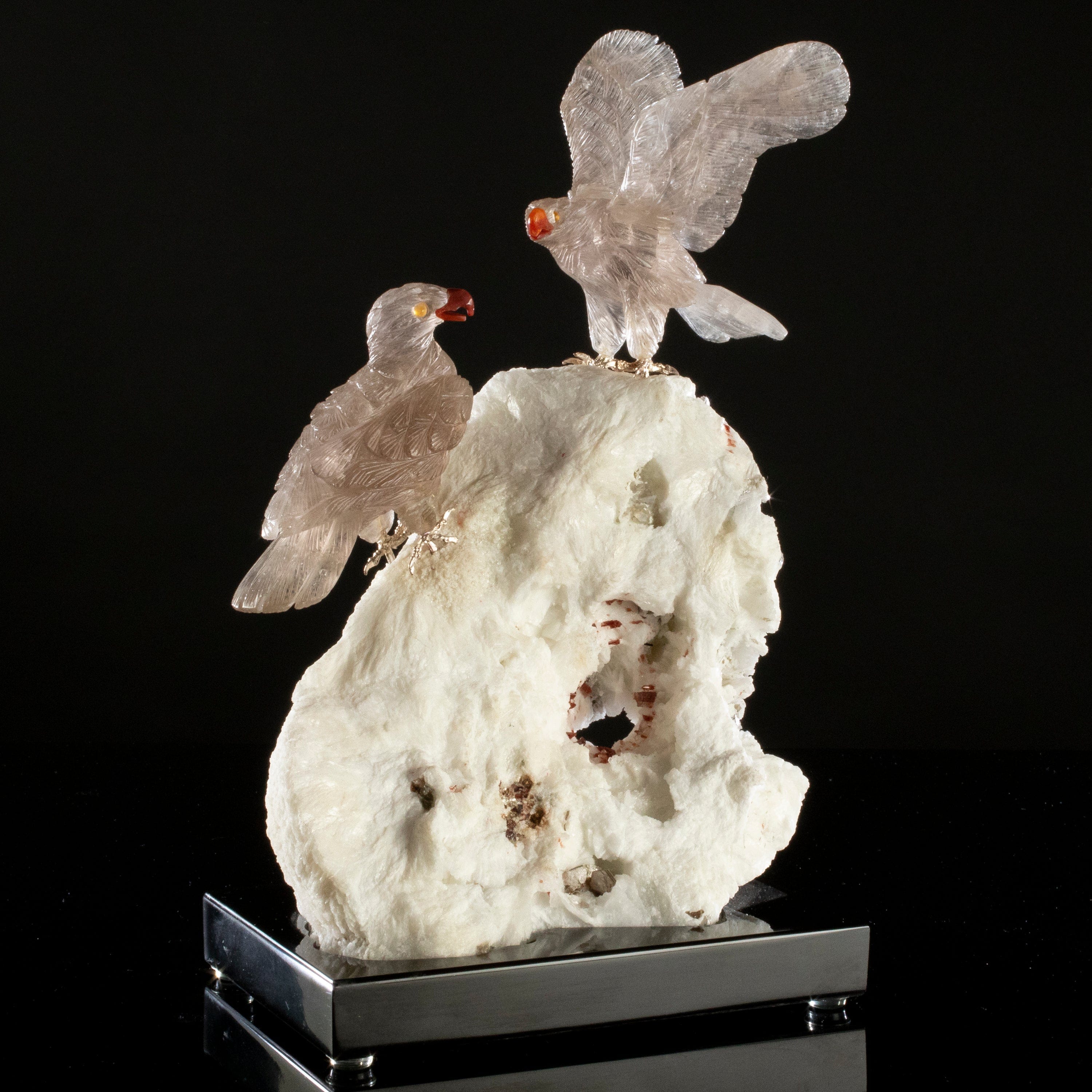 Kalifano Love Birds Carvings Smoky Quartz Eagle Pair Love Birds Carving on Mica & Tourmaline Base LB.A235.002