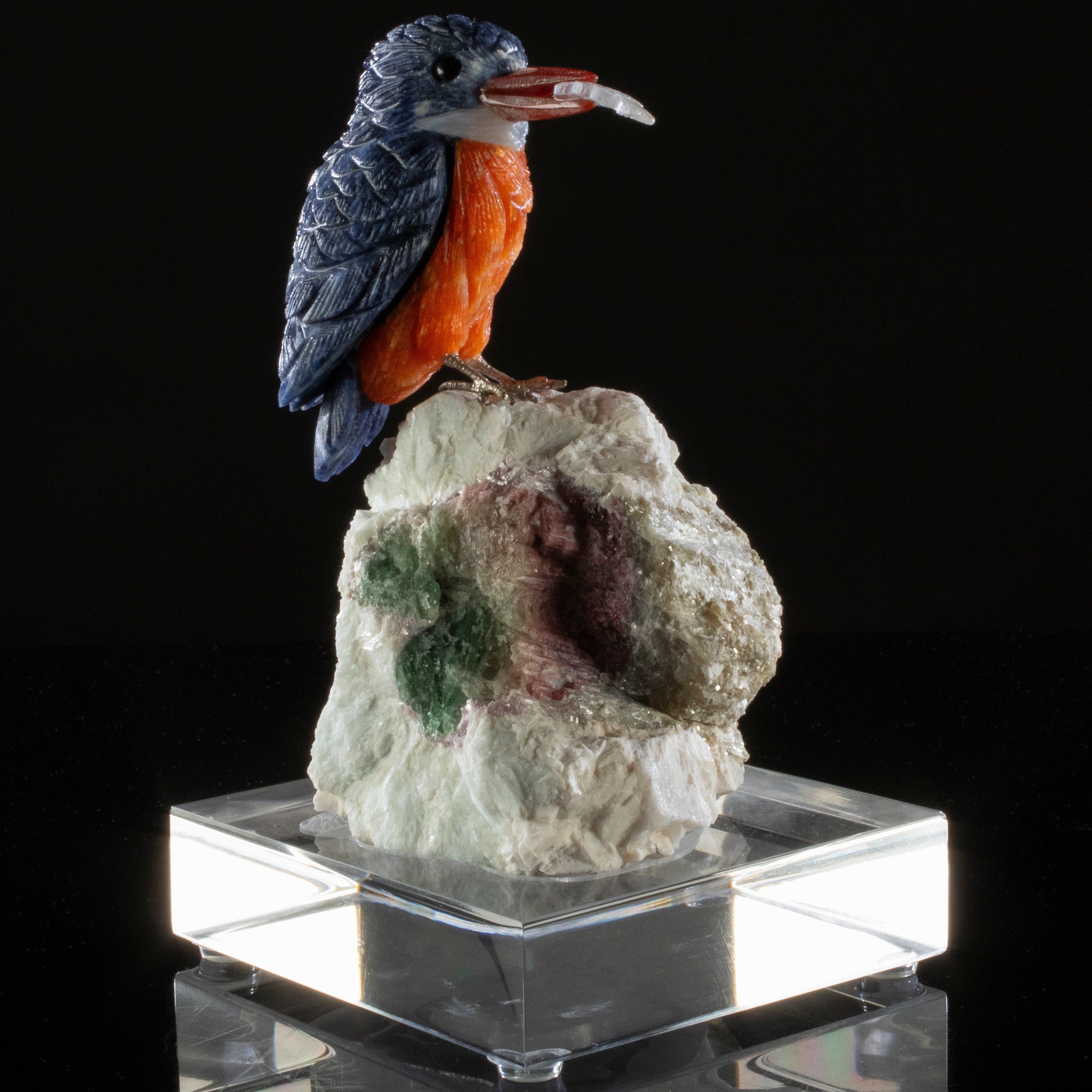 Kalifano Love Birds Carvings Sodalite Belted Kingfisher Love Bird Carving on Watermelon Tourmaline Base LB.A130.005
