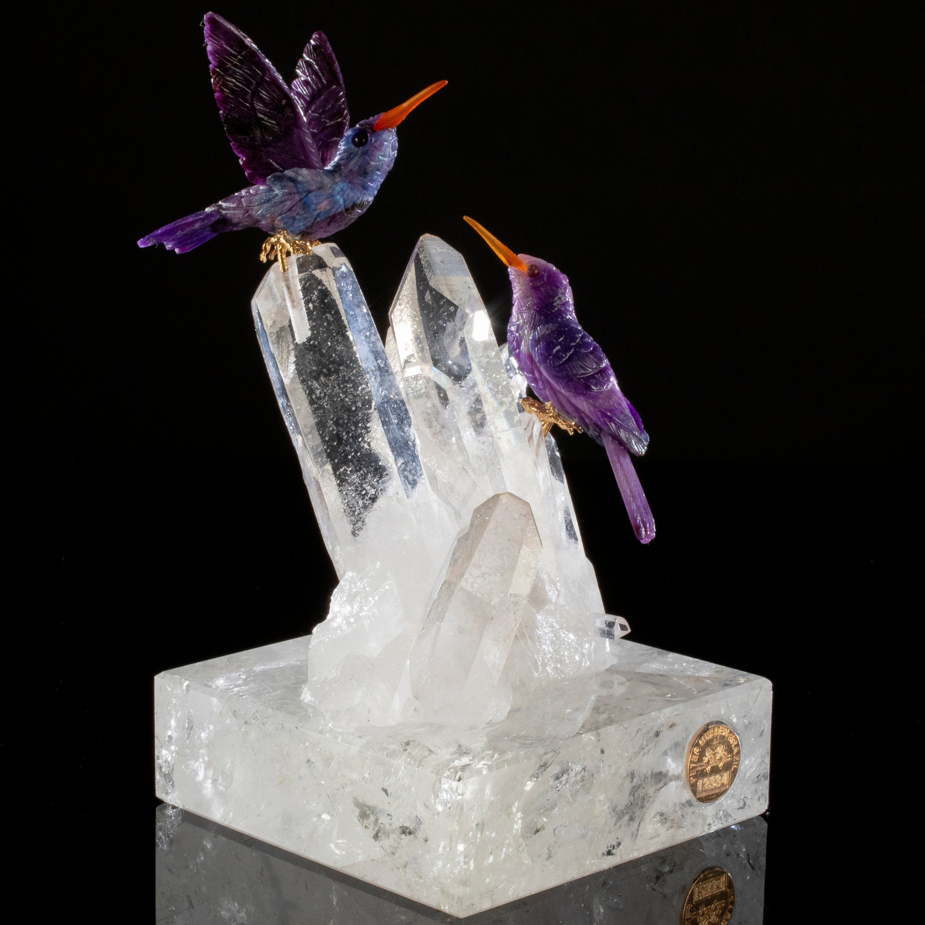 Kalifano Love Birds Carvings Sugilite Hummingbird Couple Love Birds Carving on Clear Quartz Point Cluster Base LB.12334.001
