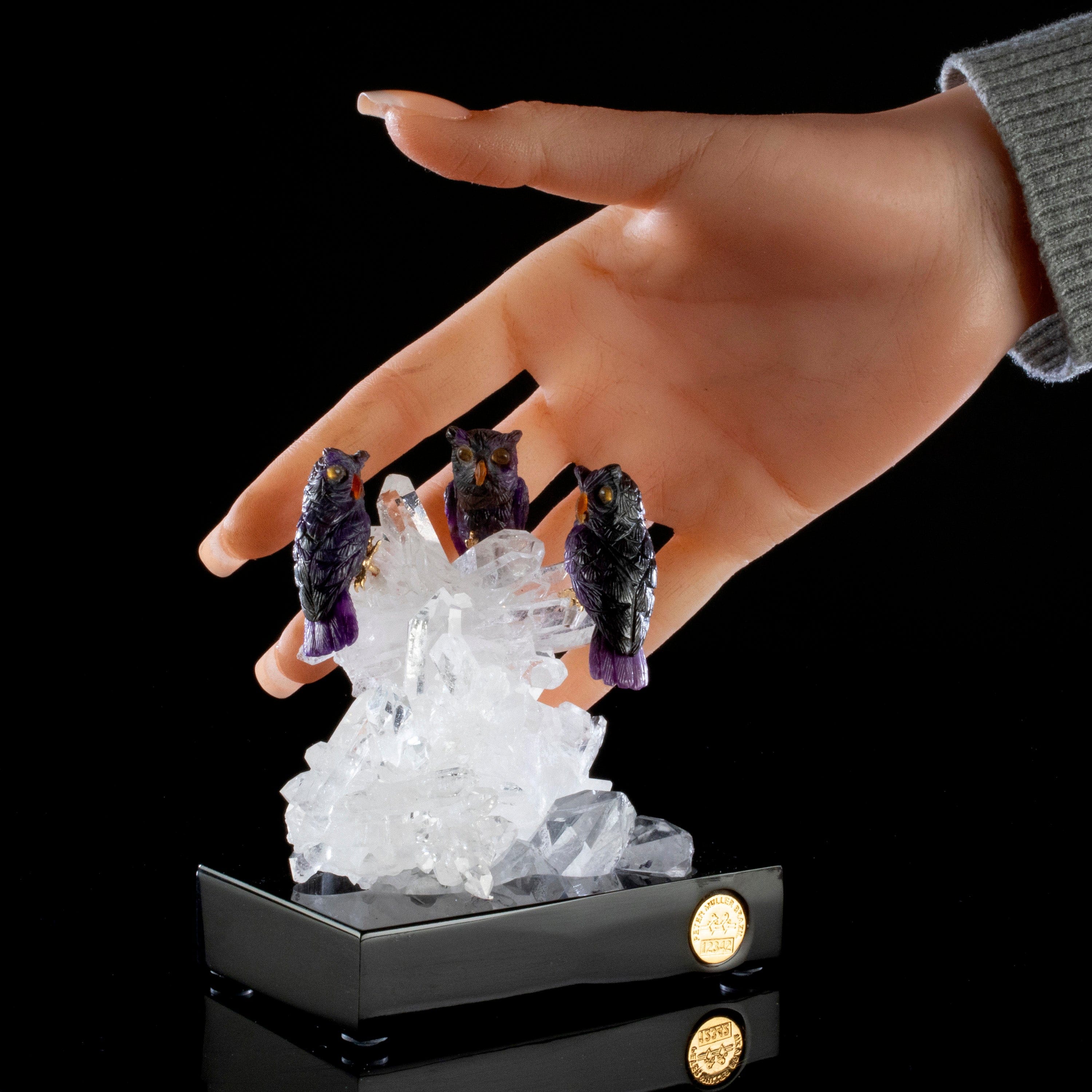 Kalifano Love Birds Carvings Sugilite Owl Trio Love Birds Carving on Clear Quartz Point Cluster Base LB.12342.001