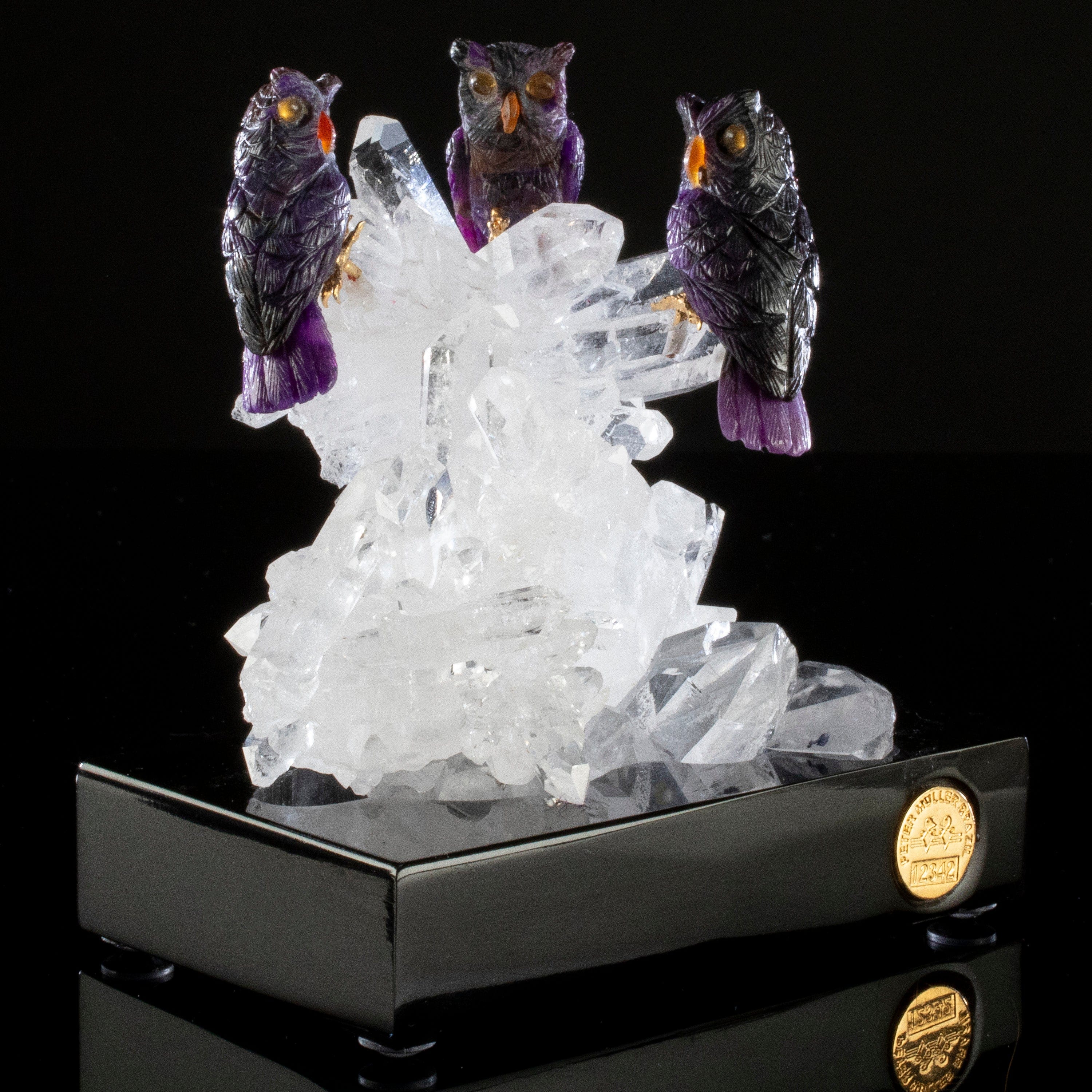 Kalifano Love Birds Carvings Sugilite Owl Trio Love Birds Carving on Clear Quartz Point Cluster Base LB.12342.001