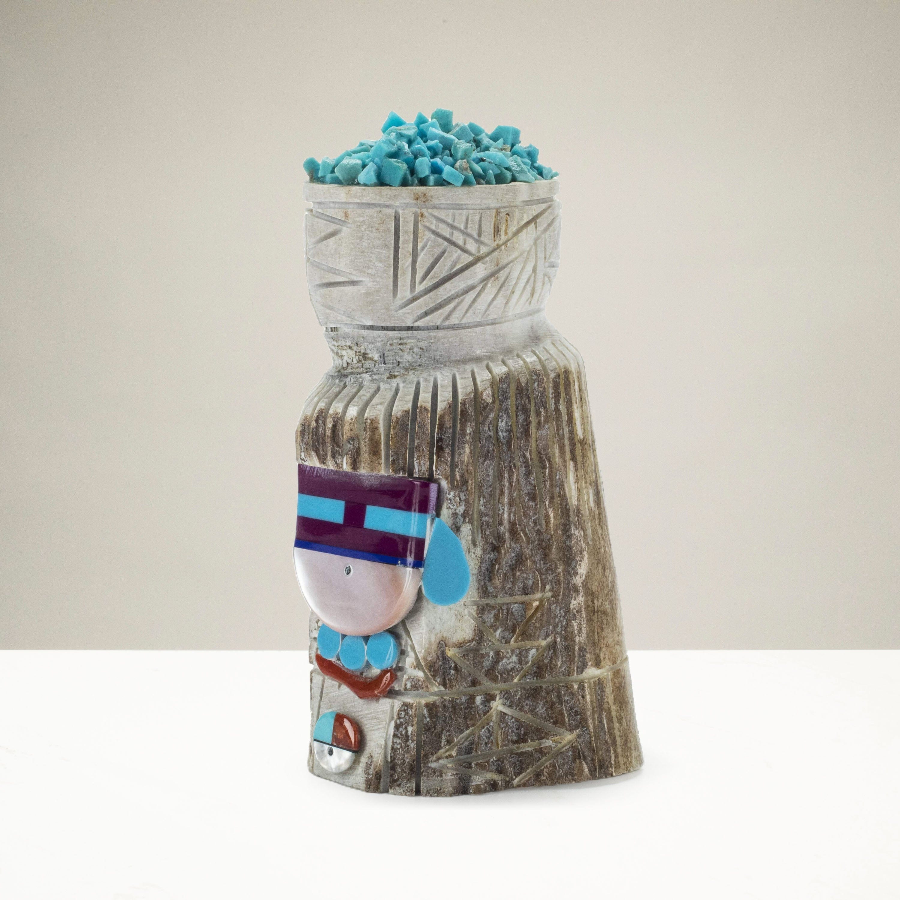 Kalifano Native American Fetish Carvings Amory Cellicion Handmade Zuni Maiden Fetish Carving with Turquoise, Coral, Jet, & Pink Mother of Pearl NAC360.007