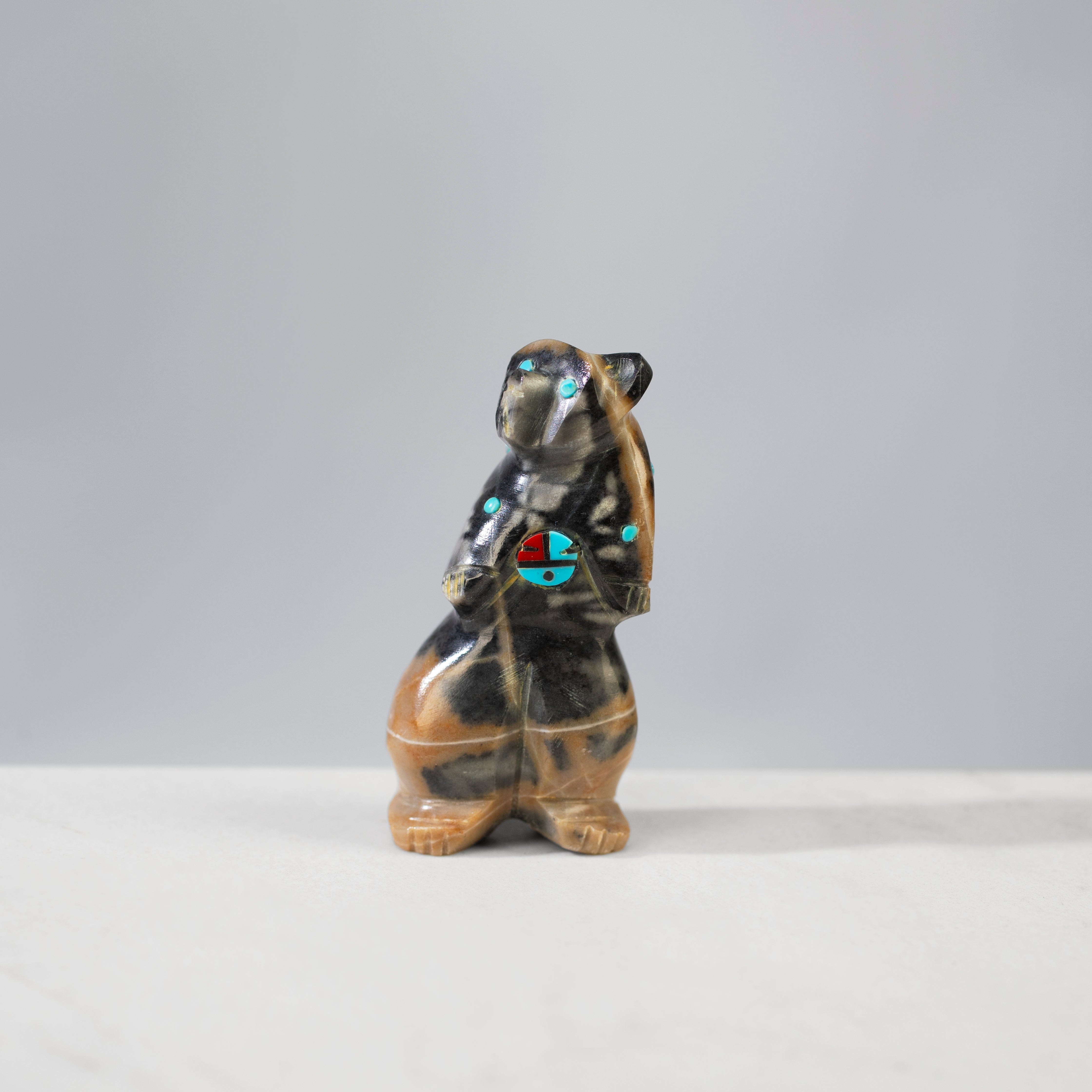 Kalifano Native American Fetish Carvings Danette Laate Picaso Marble, Turquoise, and Coral Handmade Zuni Fetish Bear Carving NAC240.039