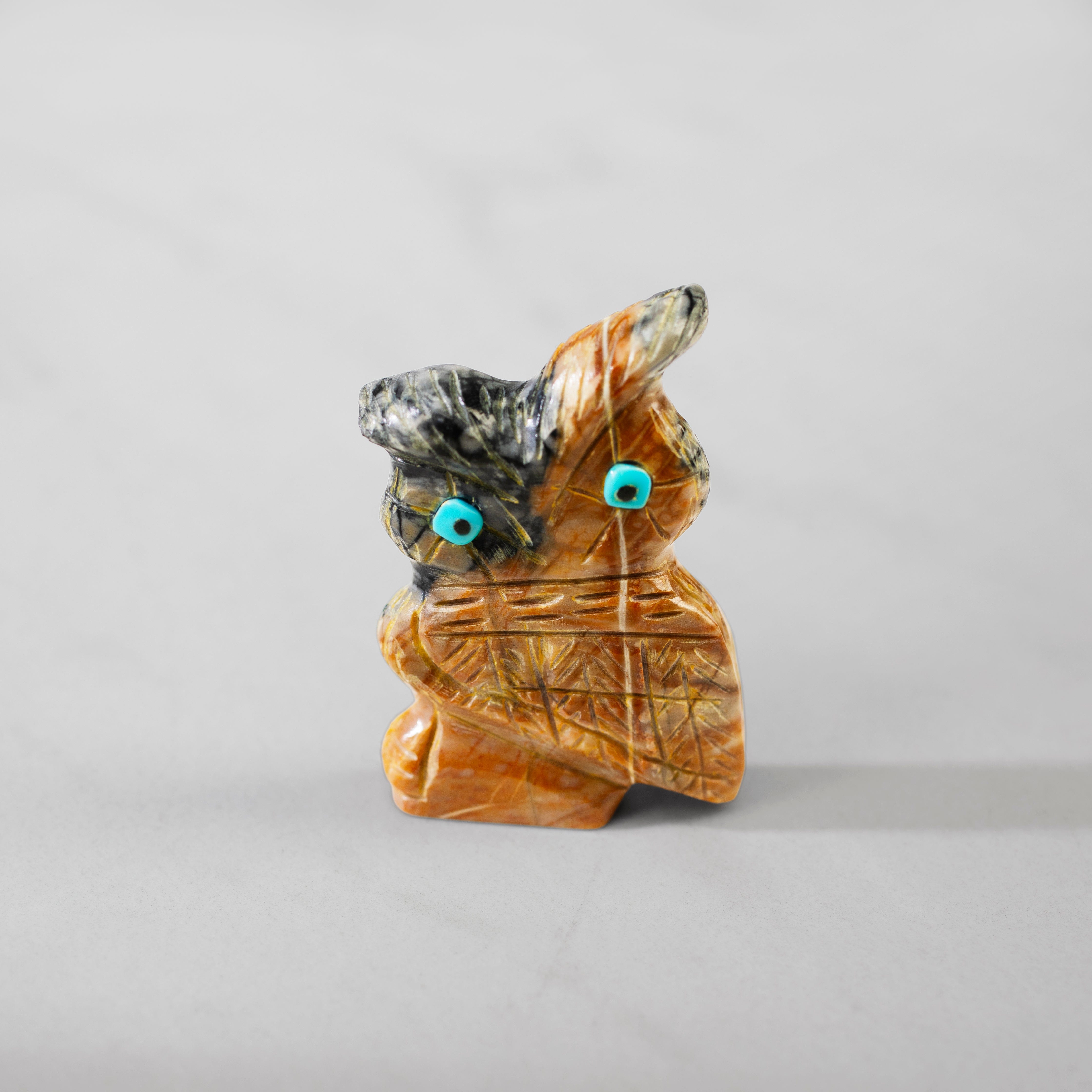 Kalifano Native American Fetish Carvings Danette Laate Picaso Marble & Turquoise Handmade Zuni Fetish Owl Carving NAC222.001