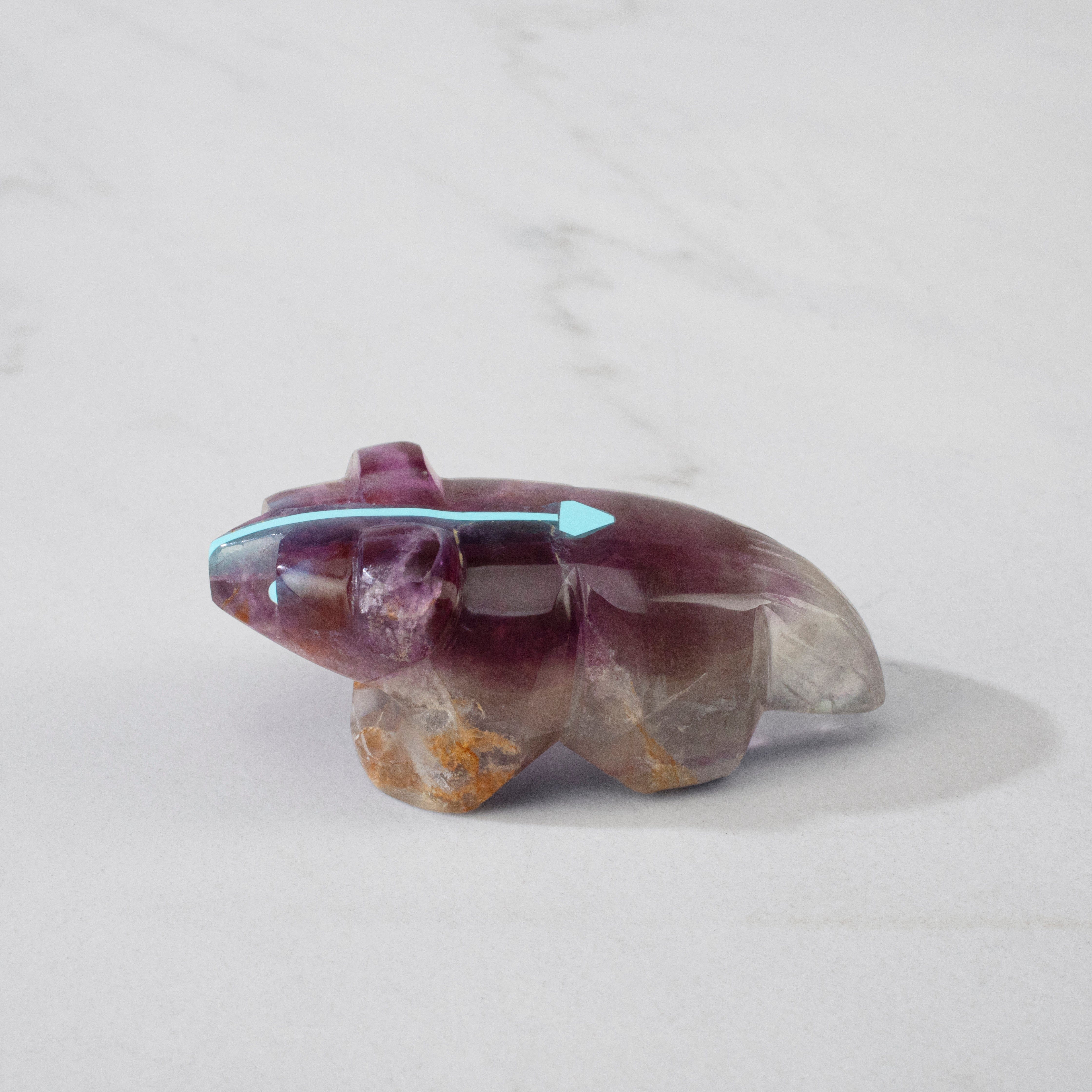 Kalifano Native American Fetish Carvings Kenric Laiwakete Flourite & Turquoise Handmade Zuni Fetish Bear Carving NAC540.006