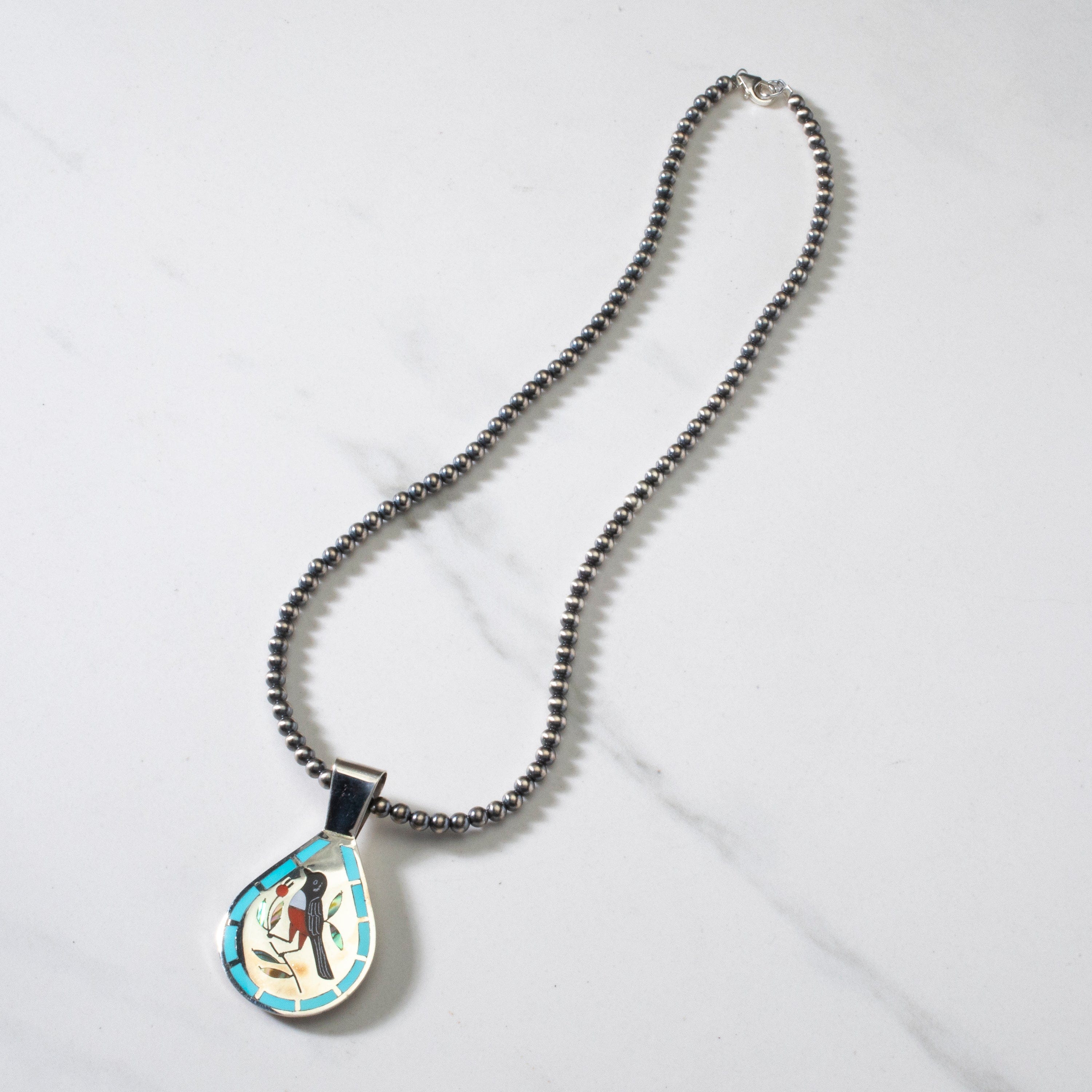 Kalifano Native American Jewelry 18" Dennis & Nancy Edaakie Mutli Gem Bird Zuni Inlay Pendant with 4mm Navajo Pearl Necklace USA Native American Made 925 Sterling Silver NAN1500.008