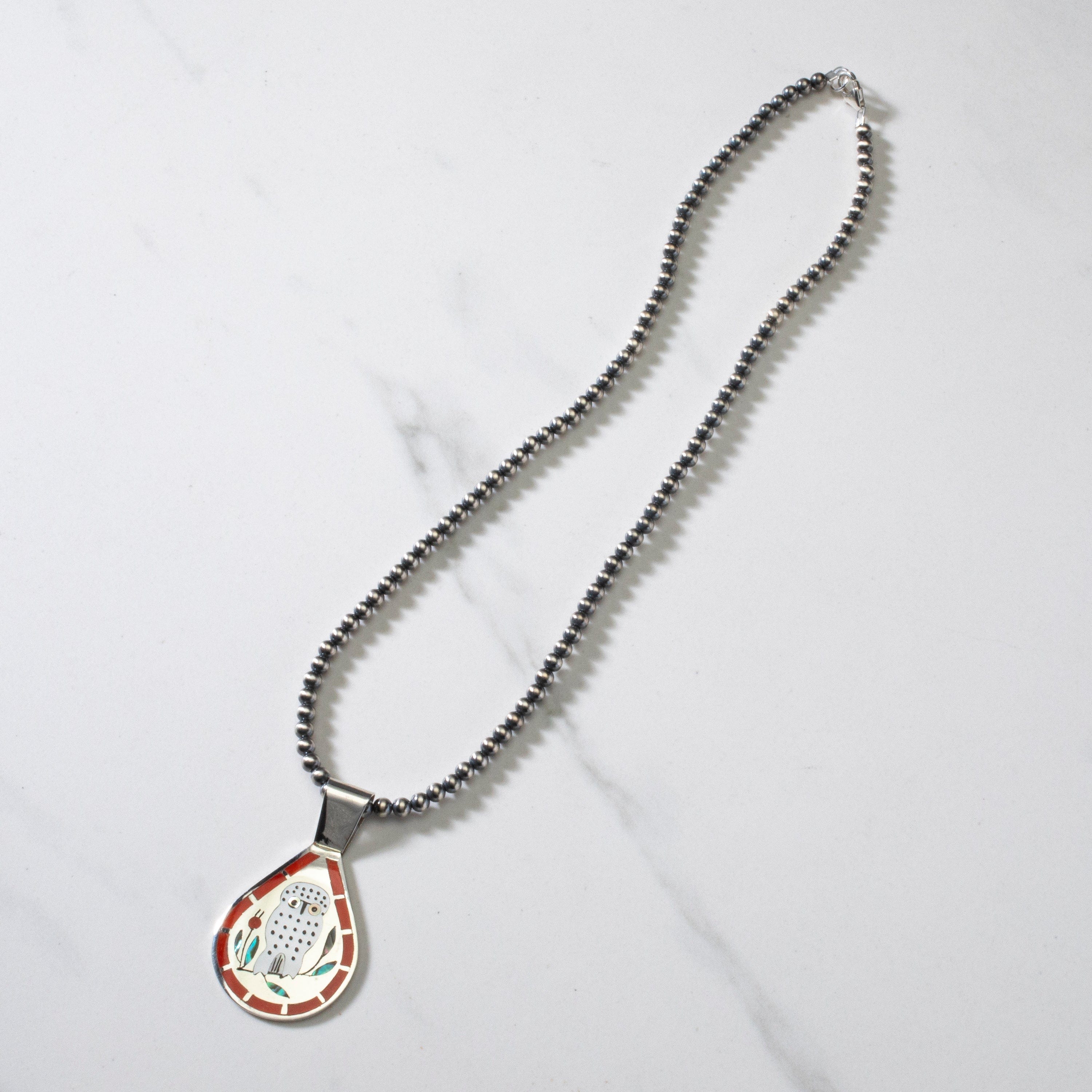 Kalifano Native American Jewelry 18" Dennis & Nancy Edaakie Mutli Gem Owl Zuni Inlay Pendant with 4mm Navajo Pearl Necklace USA Native American Made 925 Sterling Silver NAN1500.016