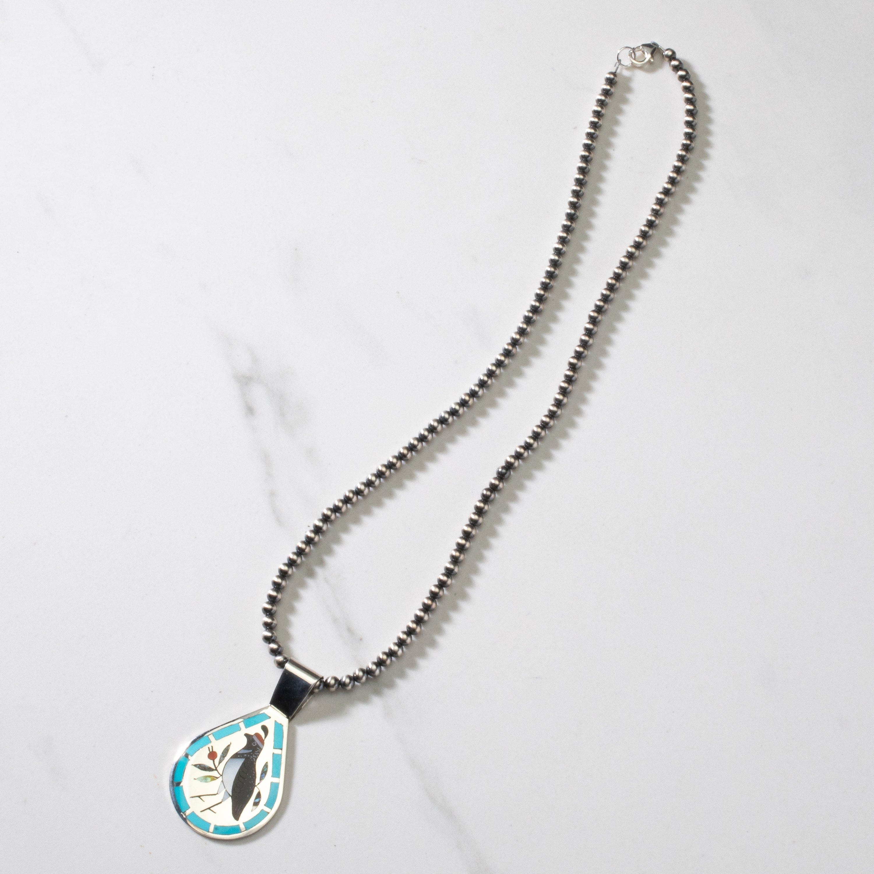 Kalifano Native American Jewelry 18" Dennis & Nancy Edaakie Mutli Gem Quail Zuni Inlay Pendant with 4mm Navajo Pearl Necklace USA Native American Made 925 Sterling Silver NAN1500.013