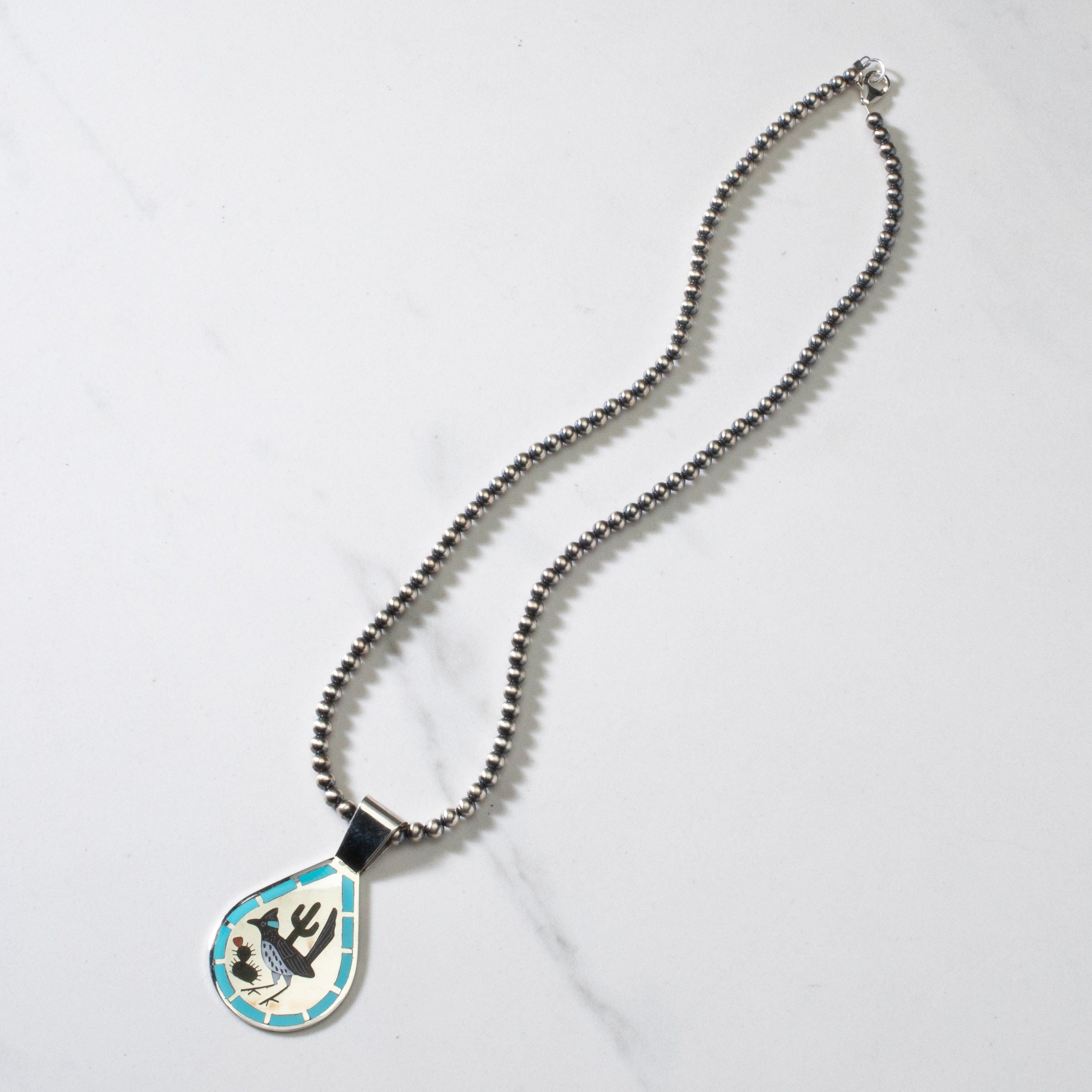 Kalifano Native American Jewelry 18" Dennis & Nancy Edaakie Mutli Gem Road Runner Zuni Inlay Pendant with 4mm Navajo Pearl Necklace USA Native American Made 925 Sterling Silver NAN1500.012