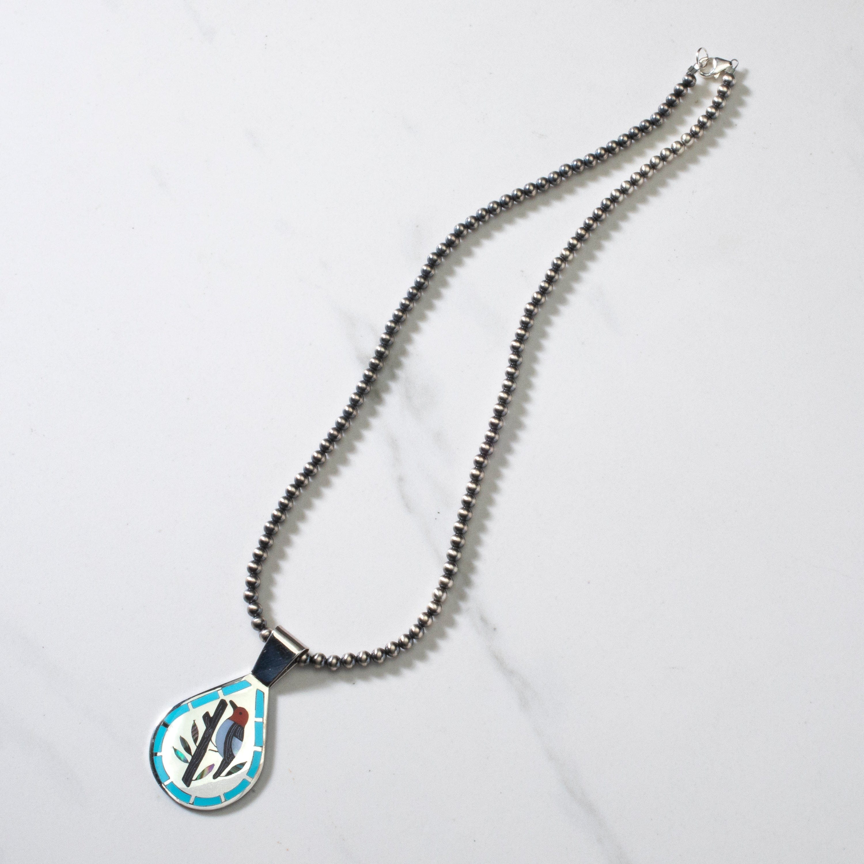 Kalifano Native American Jewelry 18" Dennis & Nancy Edaakie Mutli Gem Woodpecker Zuni Inlay Pendant with 4mm Navajo Pearl Necklace USA Native American Made 925 Sterling Silver NAN1500.010
