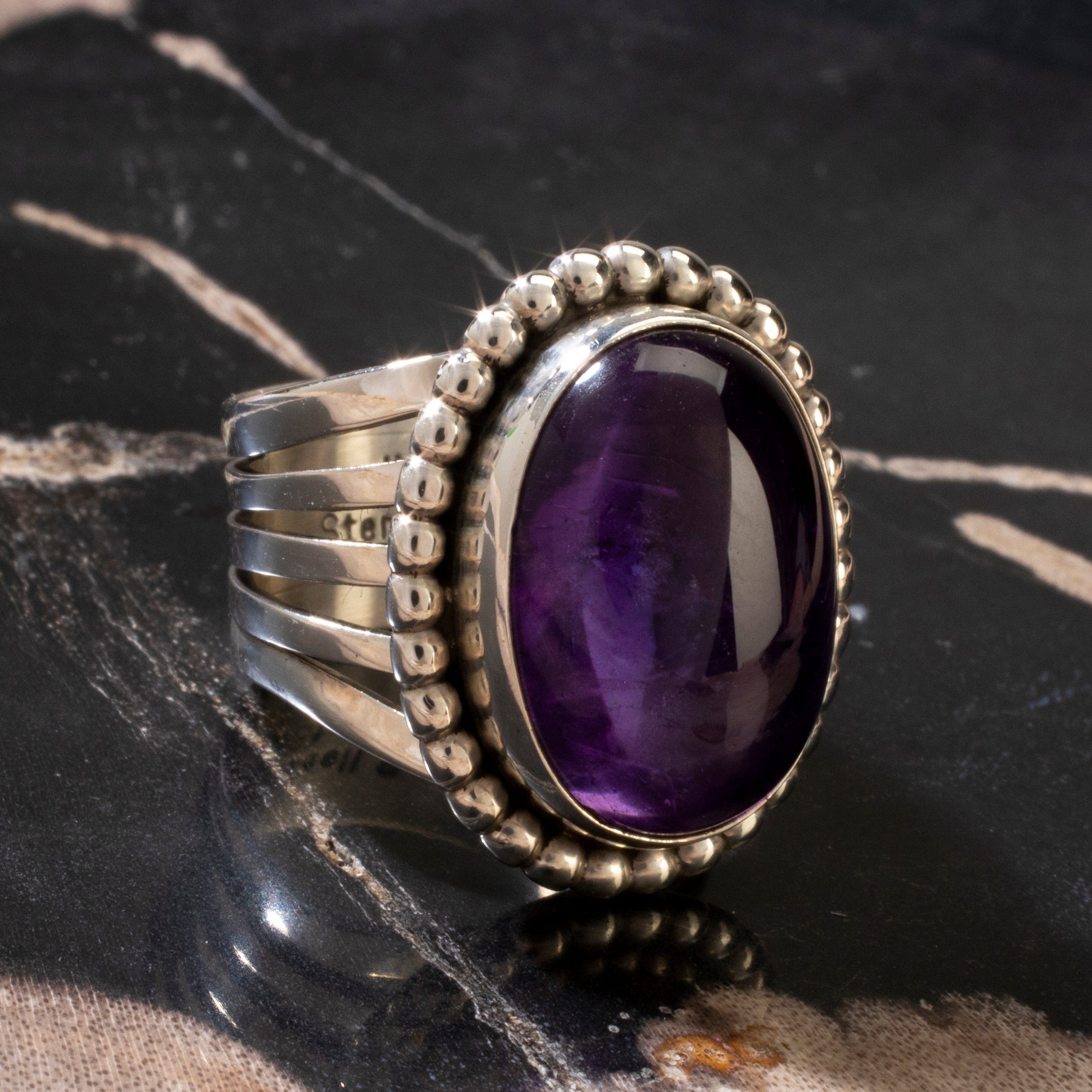 Kalifano Native American Jewelry 5 Russell Sam Amethyst Cabochon Navajo USA Native American Made 925 Sterling Silver Ring NAR600.081.5