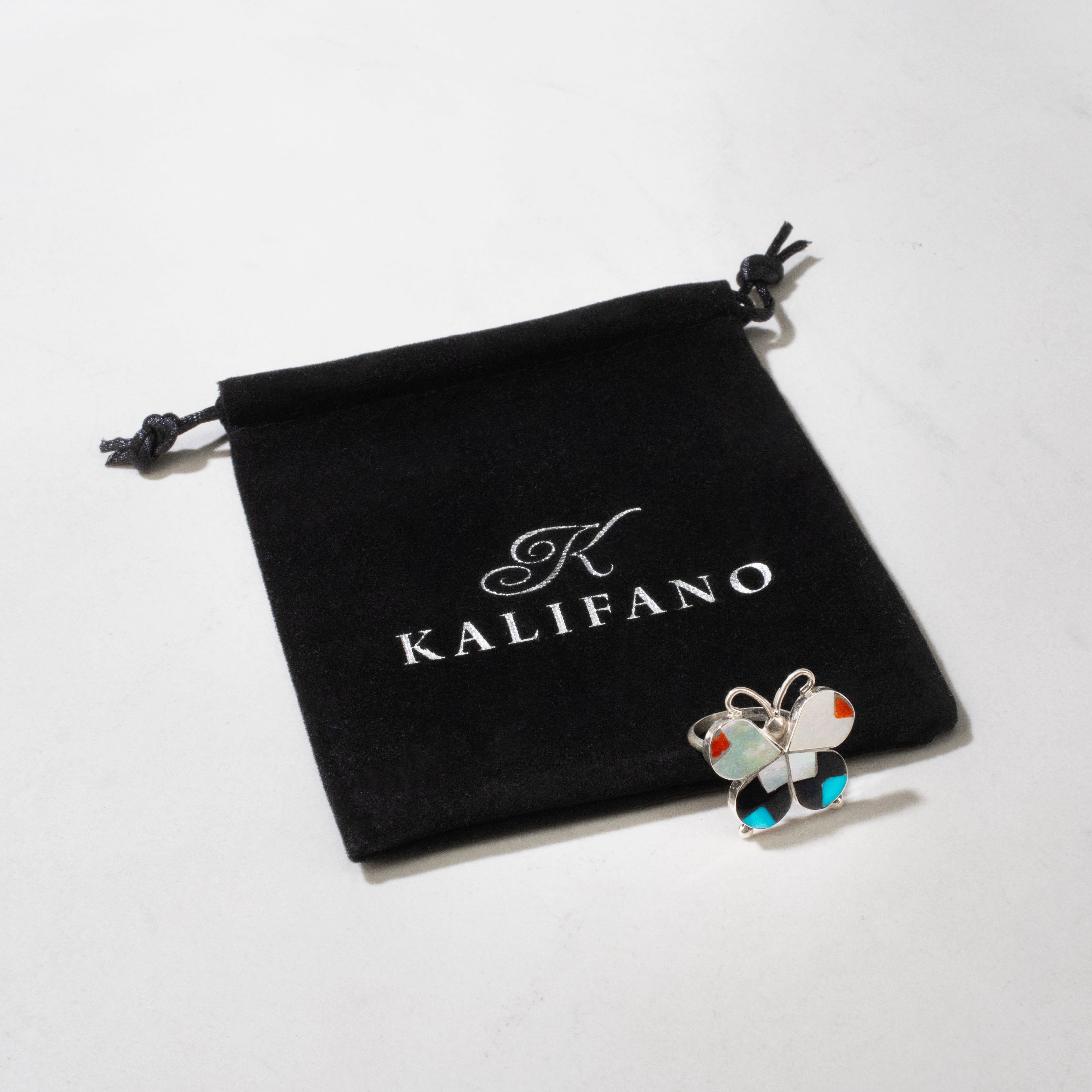 Kalifano Native American Jewelry 6 Allison Dishta Multi Gem Butterfly Zuni USA Native American Made 925 Sterling Silver Ring NAR300.104.6