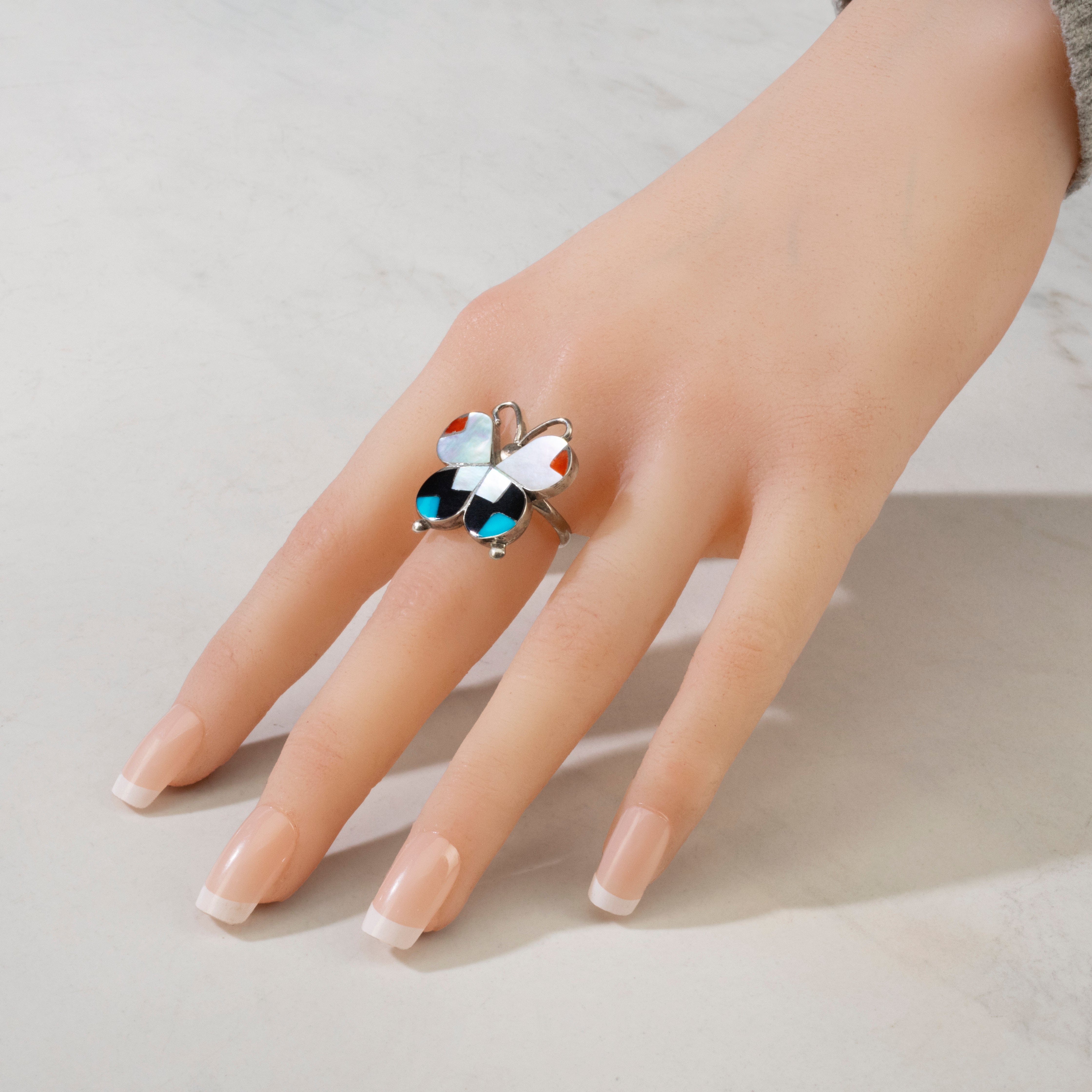 Kalifano Native American Jewelry 6 Allison Dishta Multi Gem Butterfly Zuni USA Native American Made 925 Sterling Silver Ring NAR300.104.6