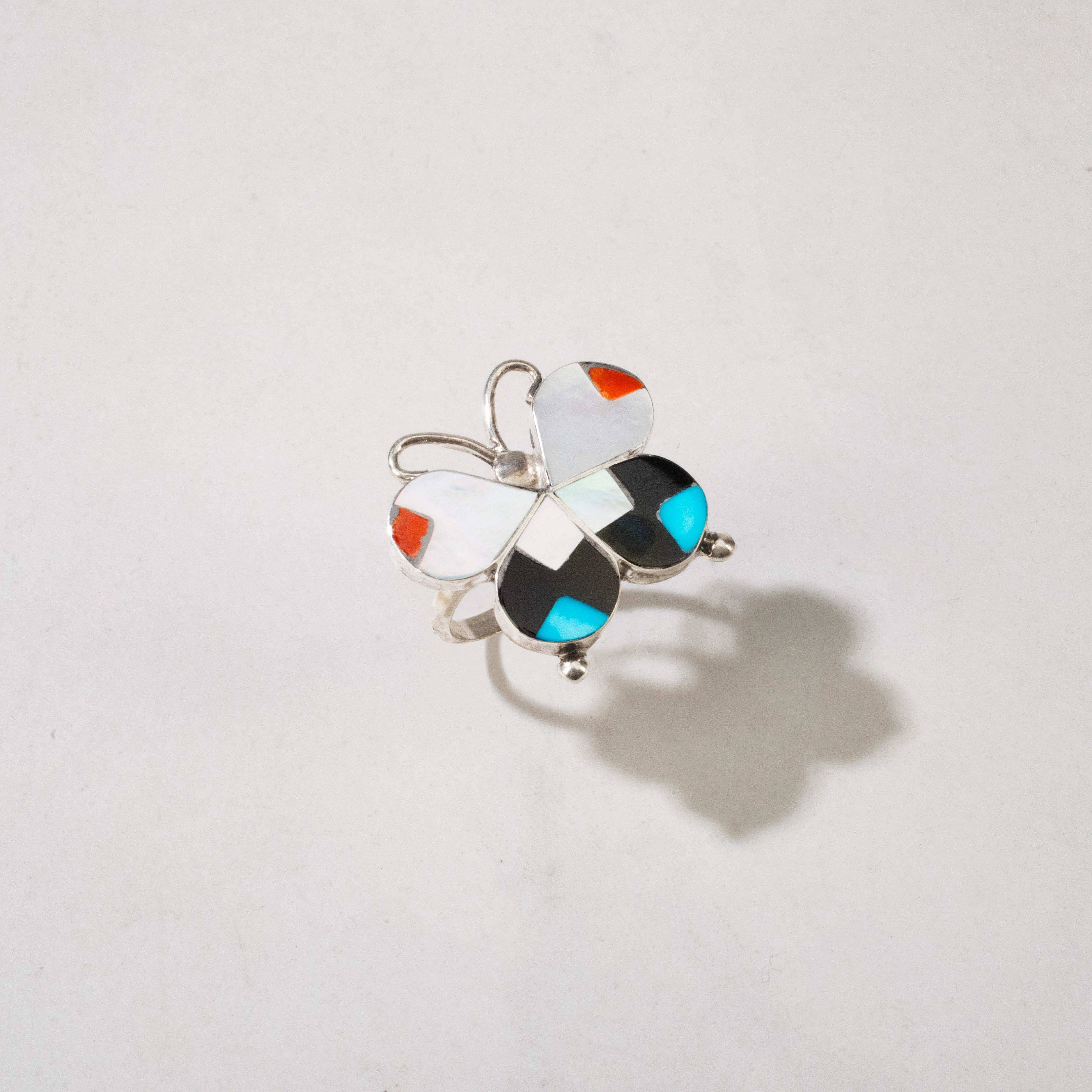Kalifano Native American Jewelry 6 Allison Dishta Multi Gem Butterfly Zuni USA Native American Made 925 Sterling Silver Ring NAR300.104.6
