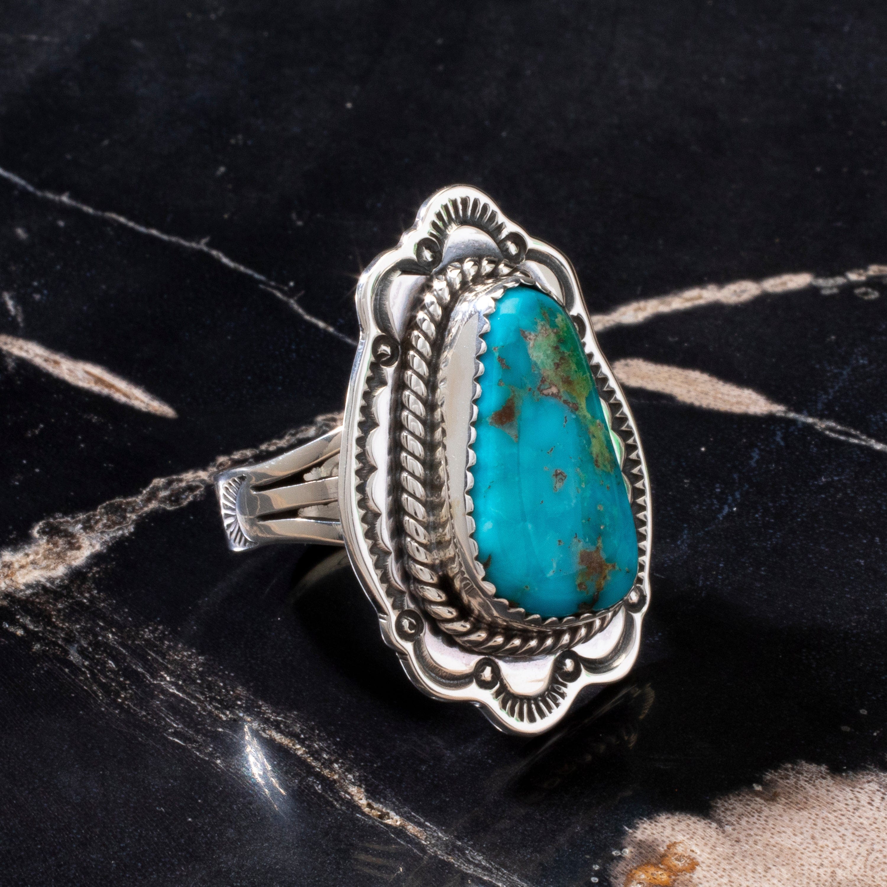 Kalifano Native American Jewelry 7 Joe Piaso Jr.  King Manassa Turquoise Navajo USA Native American Made 925 Sterling Silver Ring NAR700.038.7