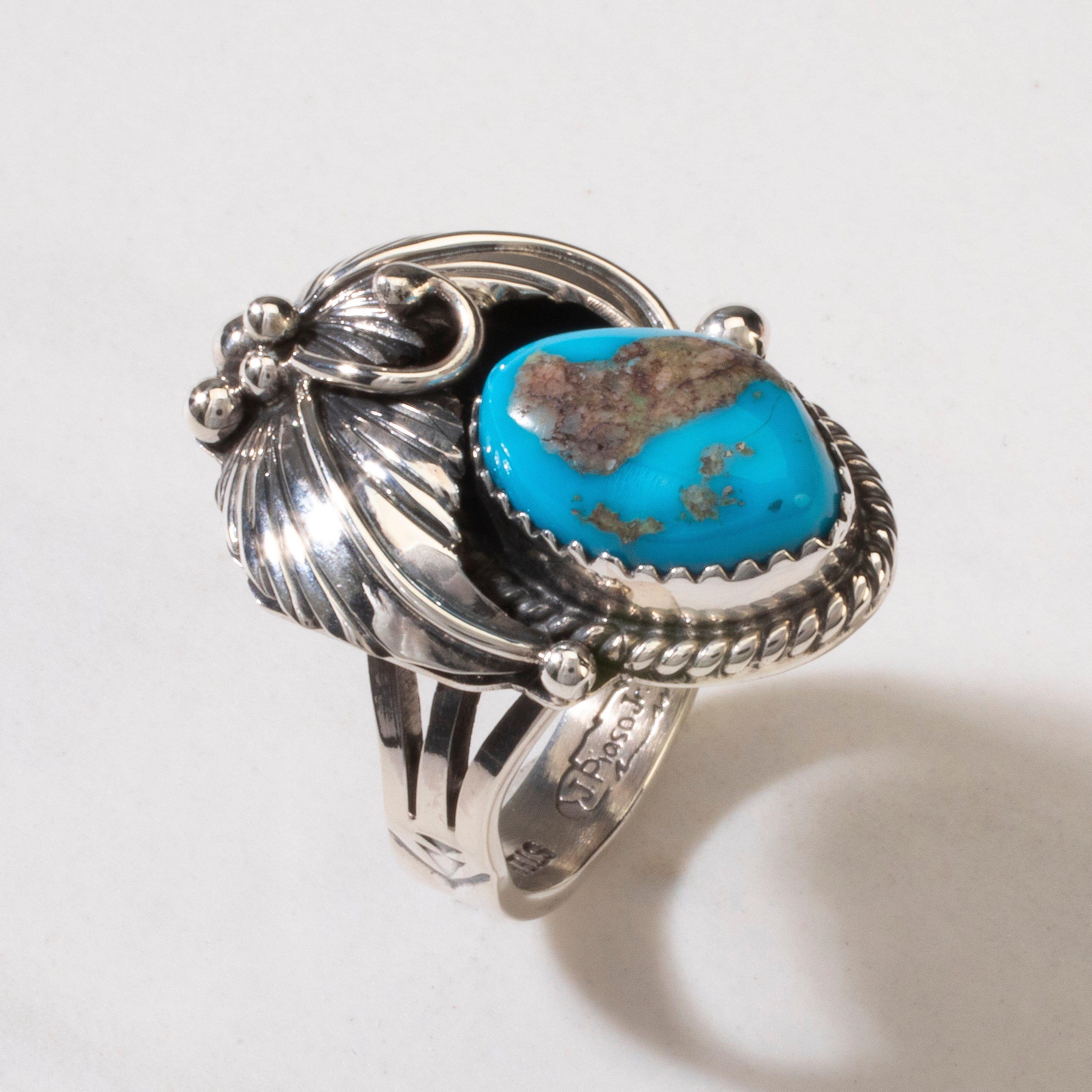 Kalifano Native American Jewelry 8 Joe Piaso Jr. Sleeping Beauty Turquoise Feather Navajo USA Native American Made 925 Sterling Silver Ring NAR600.080.8