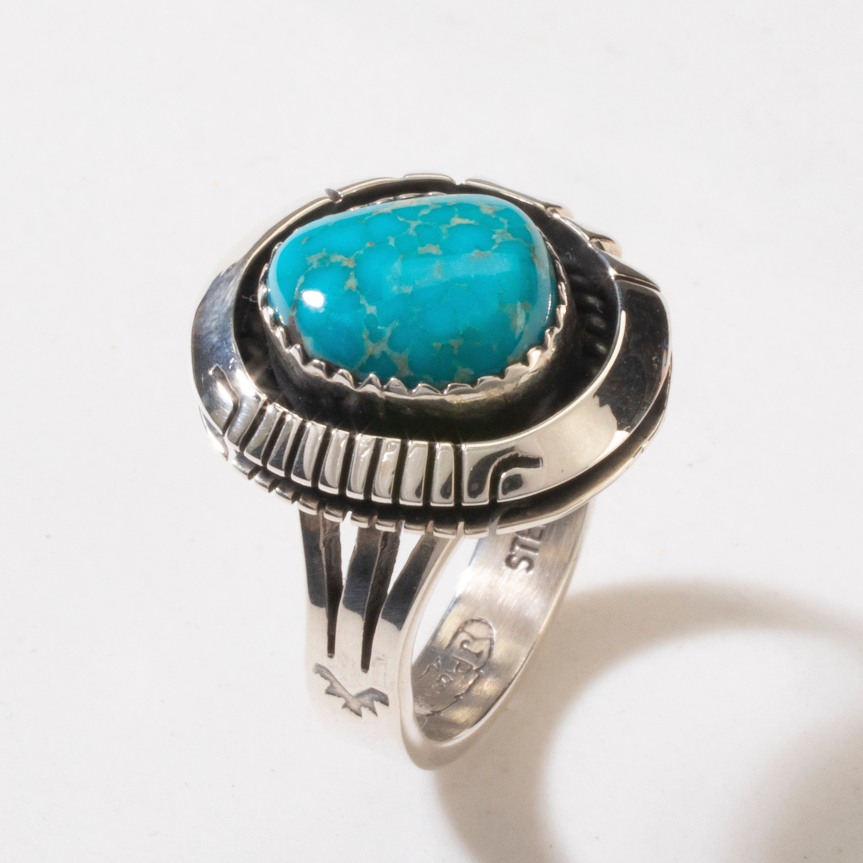 Kalifano Native American Jewelry 8 Joe Piaso Jr. Sleeping Beauty Turquoise Round Navajo USA Native American Made 925 Sterling Silver Ring NAR600.063.8