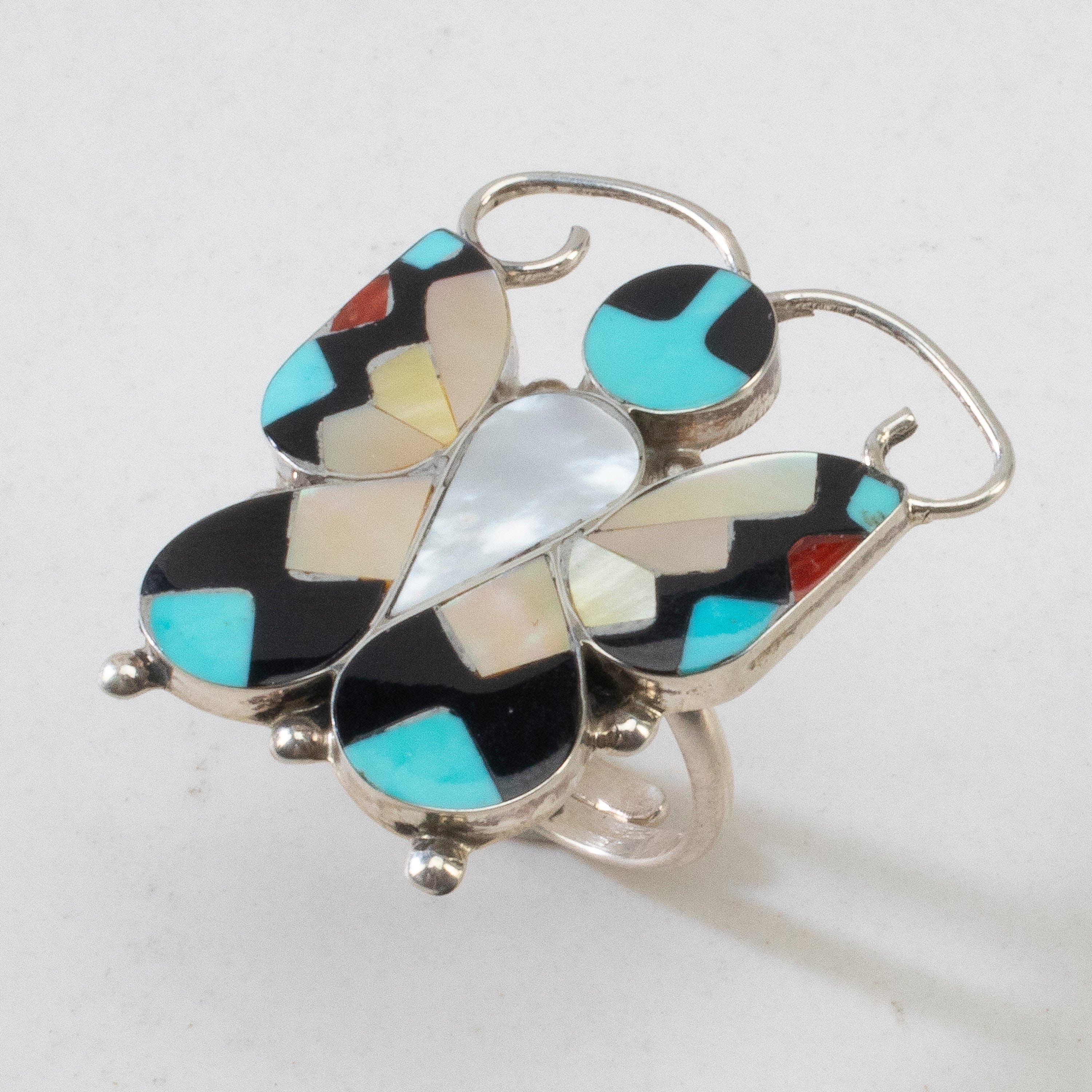 Kalifano Native American Jewelry ADJ Angus Ahiyite Multi Gem Butterfly USA Zuni Made 925 Sterling Silver Ring NAR450.010.ADJ