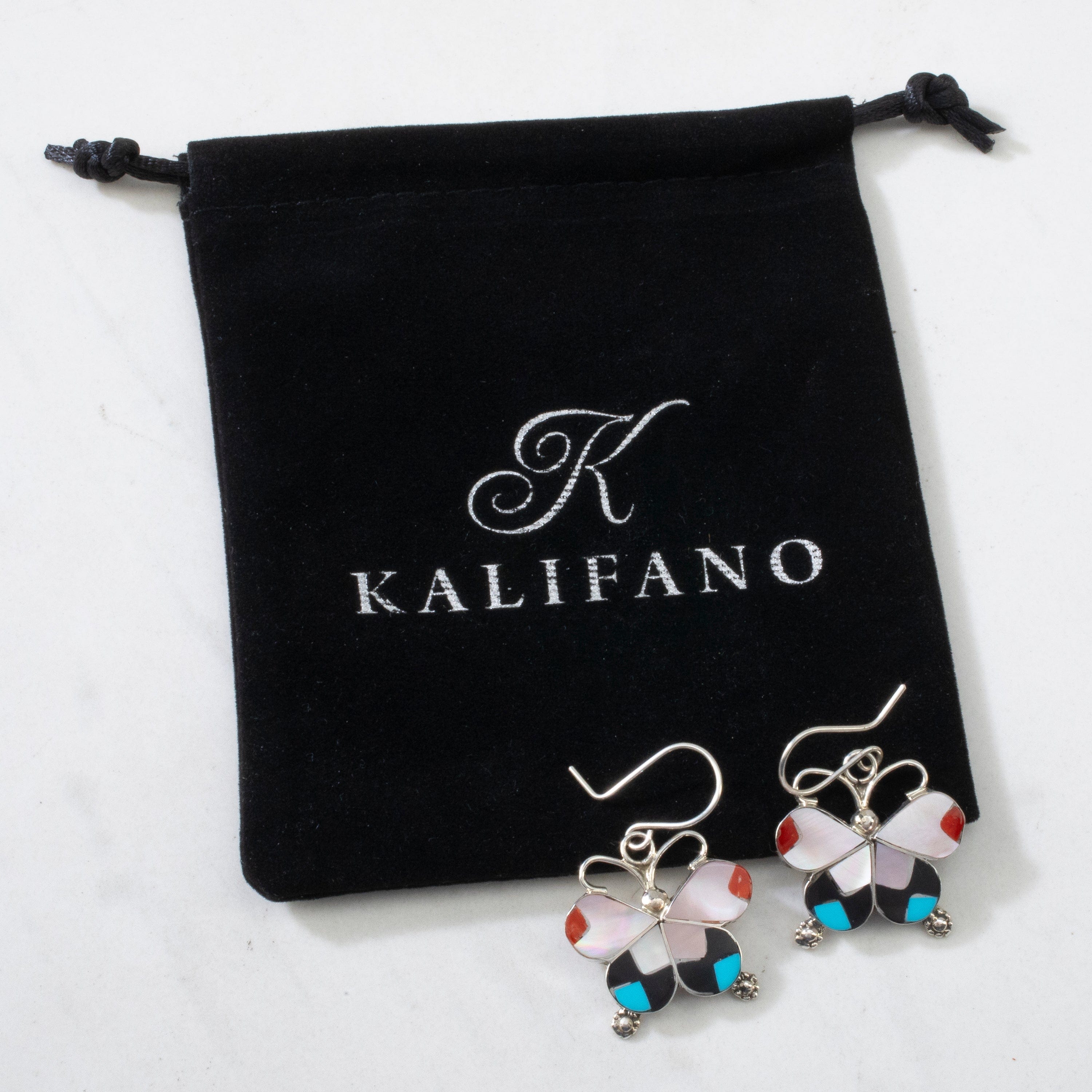 Kalifano Native American Jewelry Alison Dishta Multi Gem Butterfly USA Zuni Native American Made 925 Sterling Silver Earrings with French Hook Backing NAE450.003