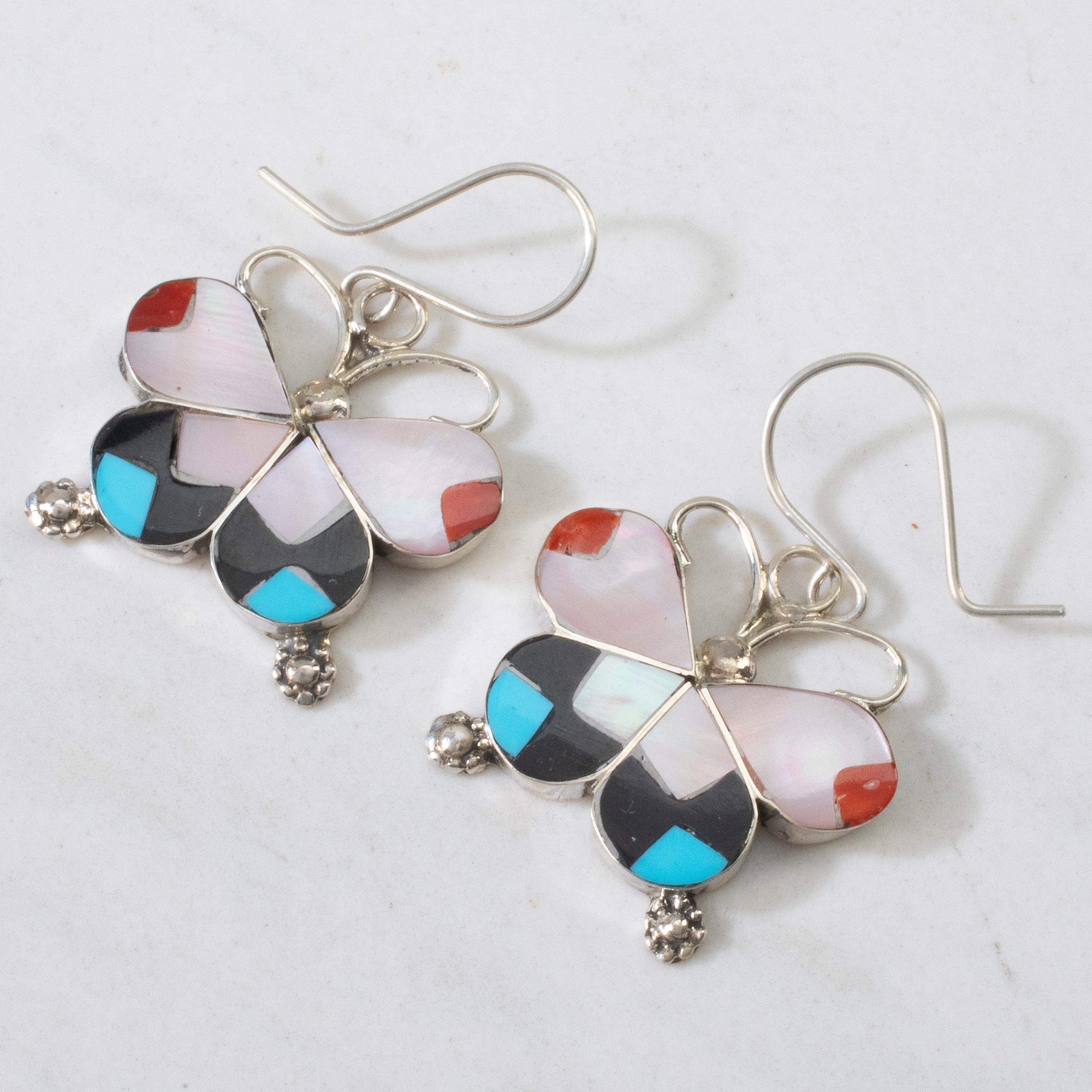 Kalifano Native American Jewelry Alison Dishta Multi Gem Butterfly USA Zuni Native American Made 925 Sterling Silver Earrings with French Hook Backing NAE450.003