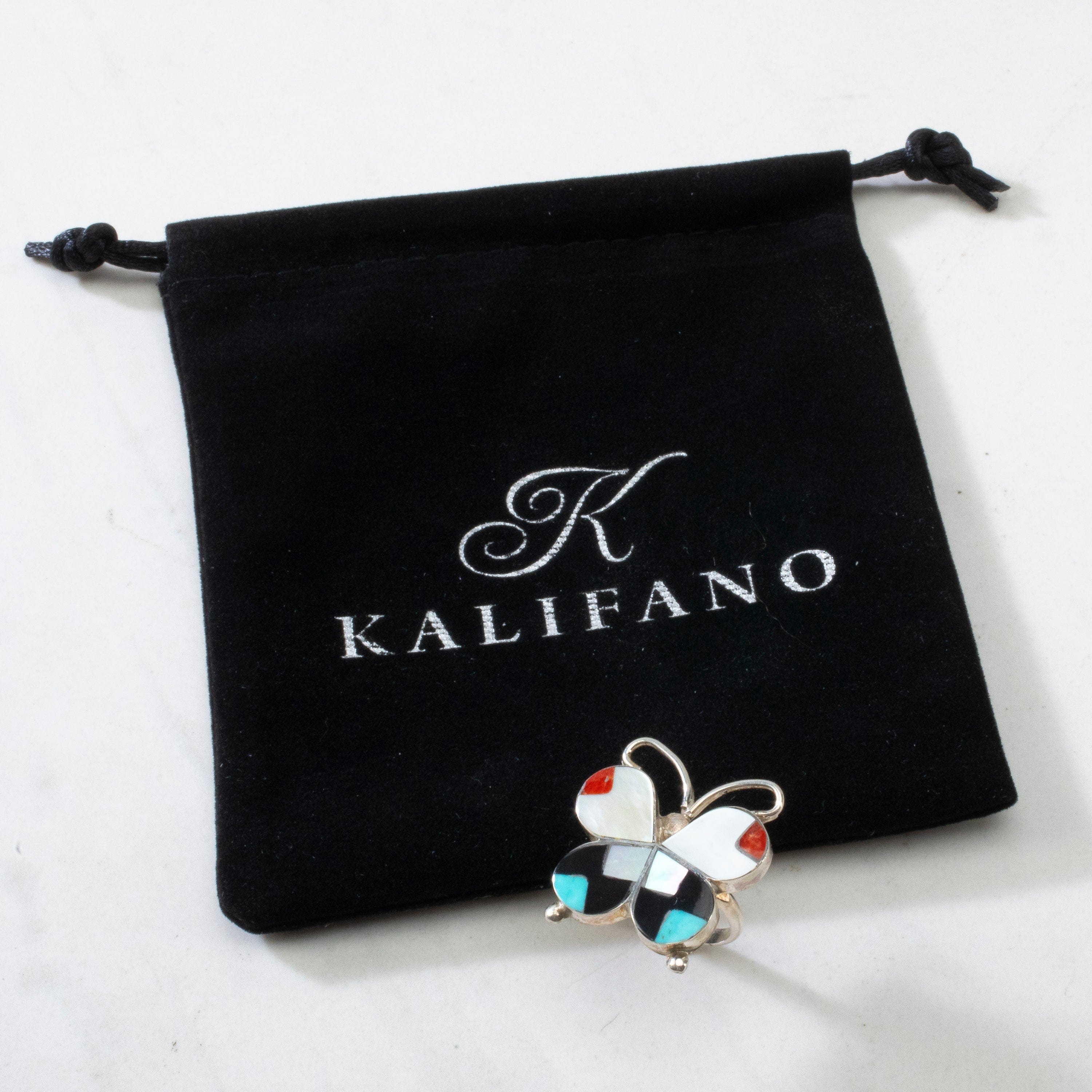 Kalifano Native American Jewelry Alison Dishta Multi Gem Butterfly USA Zuni Native Made 925 Sterling Silver Ring