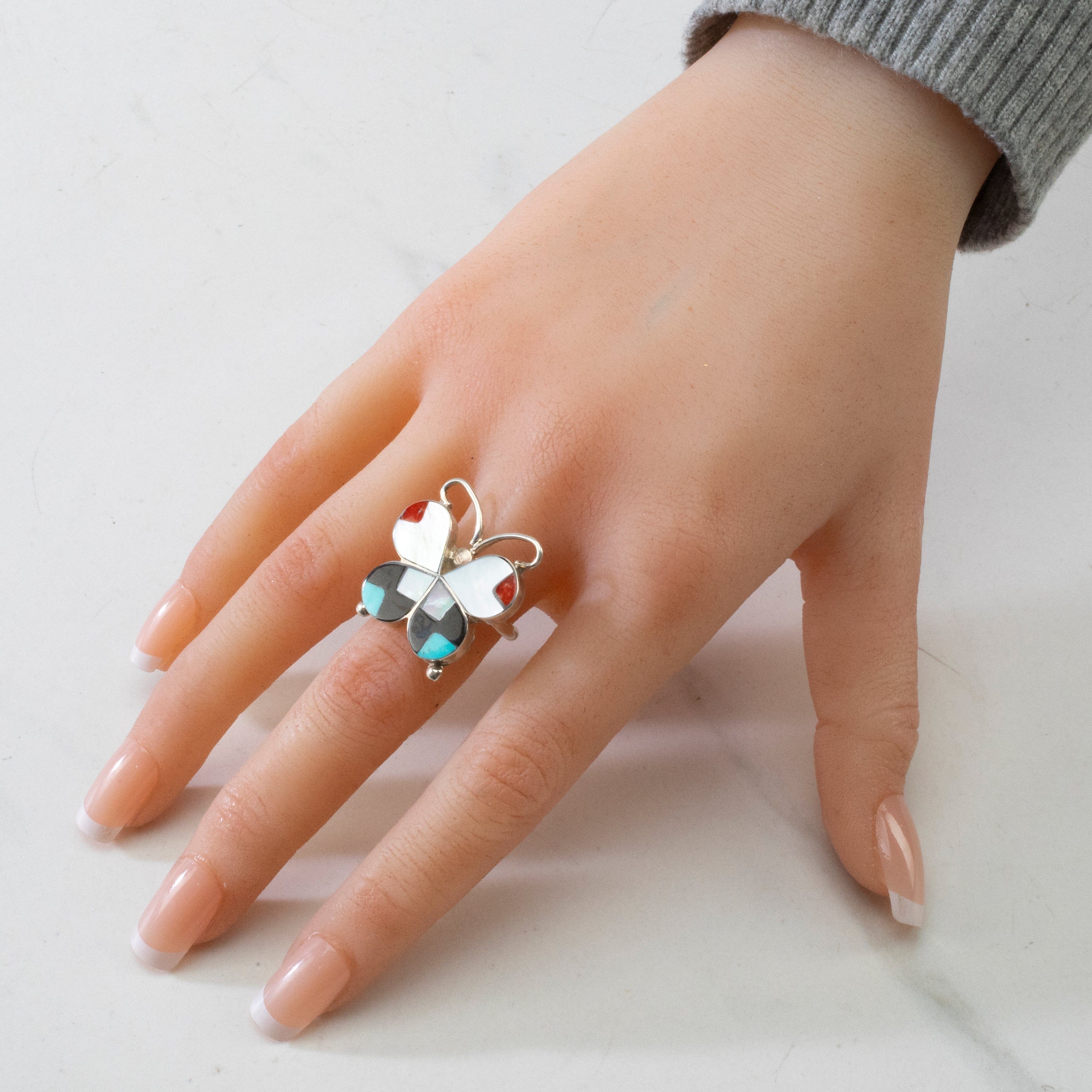 Kalifano Native American Jewelry Alison Dishta Multi Gem Butterfly USA Zuni Native Made 925 Sterling Silver Ring