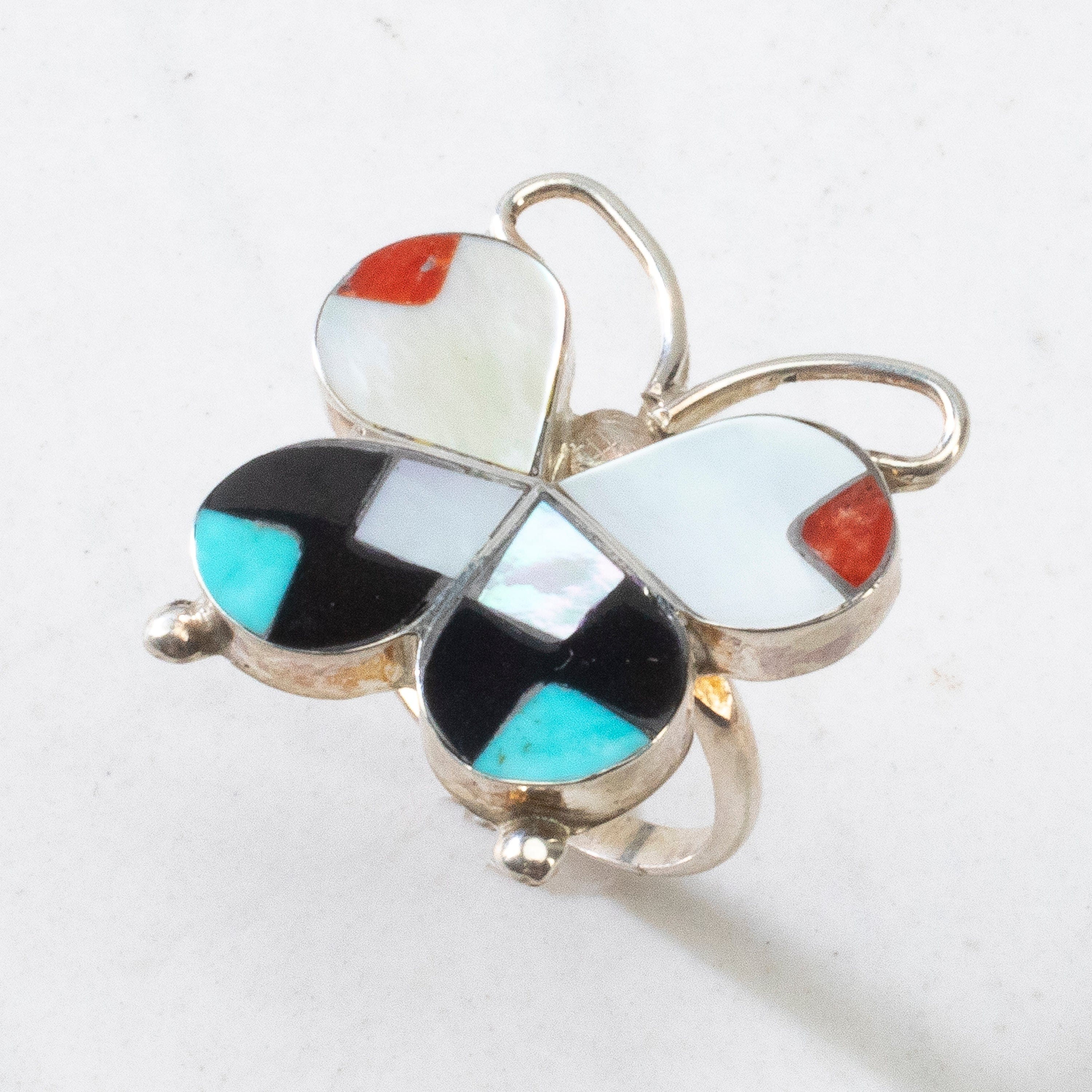 Kalifano Native American Jewelry Alison Dishta Multi Gem Butterfly USA Zuni Native Made 925 Sterling Silver Ring