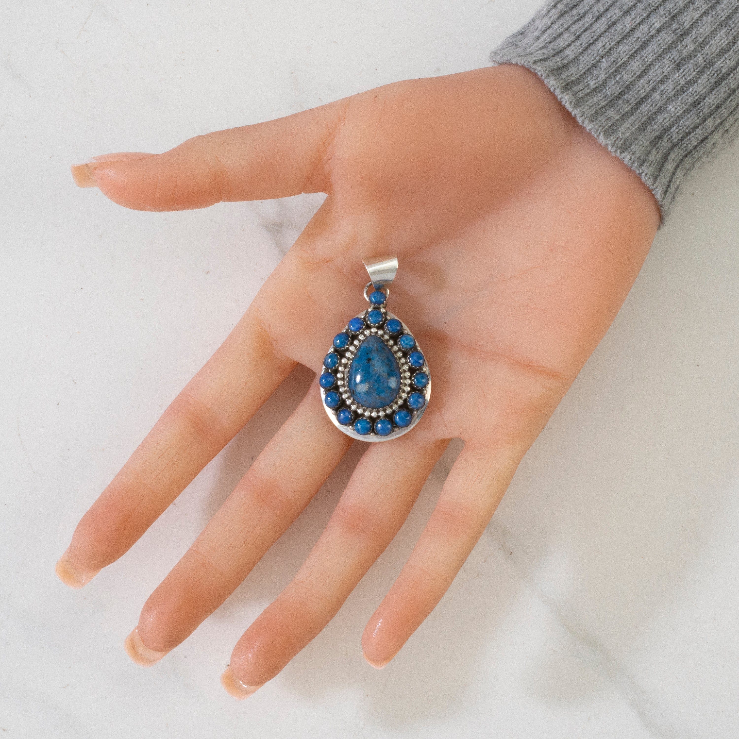Kalifano Native American Jewelry Bea Tom Denim Lapis Navajo USA Native American Made 925 Sterling Silver Pendant NAN600.027