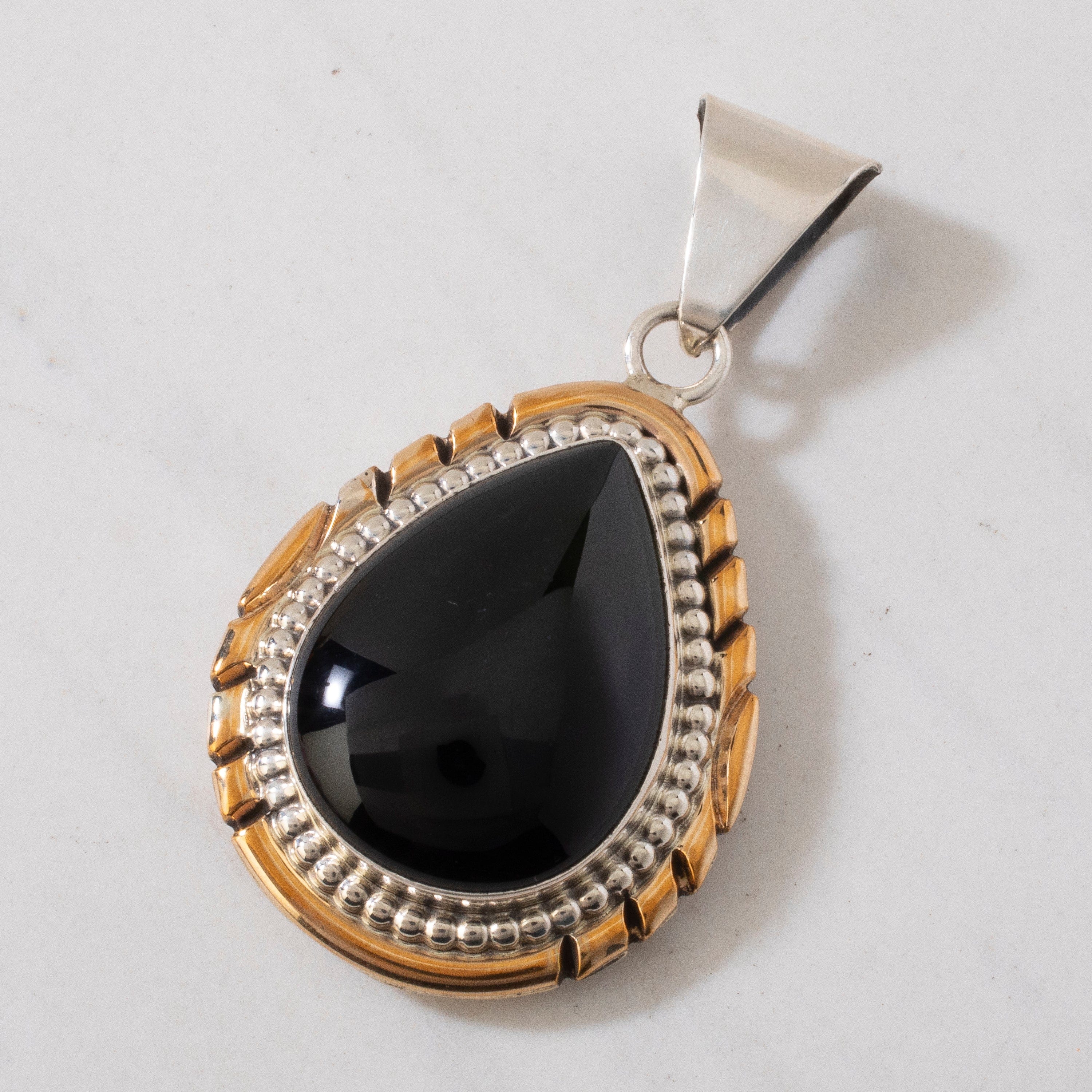 Kalifano Native American Jewelry Black Onyx Teardrop USA Native American Made 925 Sterling Silver & 12K Gold Filled Pendant NAN750.002